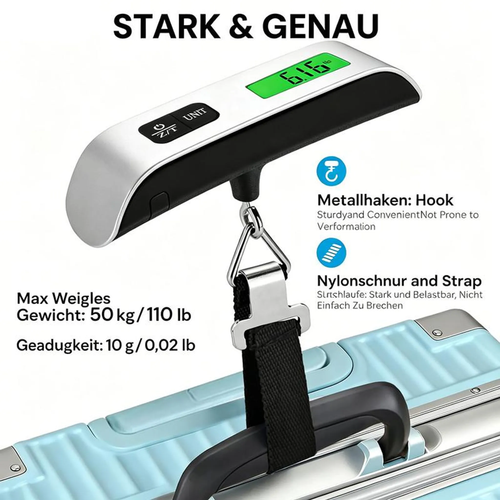 Digitale Gepäckwaage mit Haken und Nylonband, zeigt 6,16 lb an.