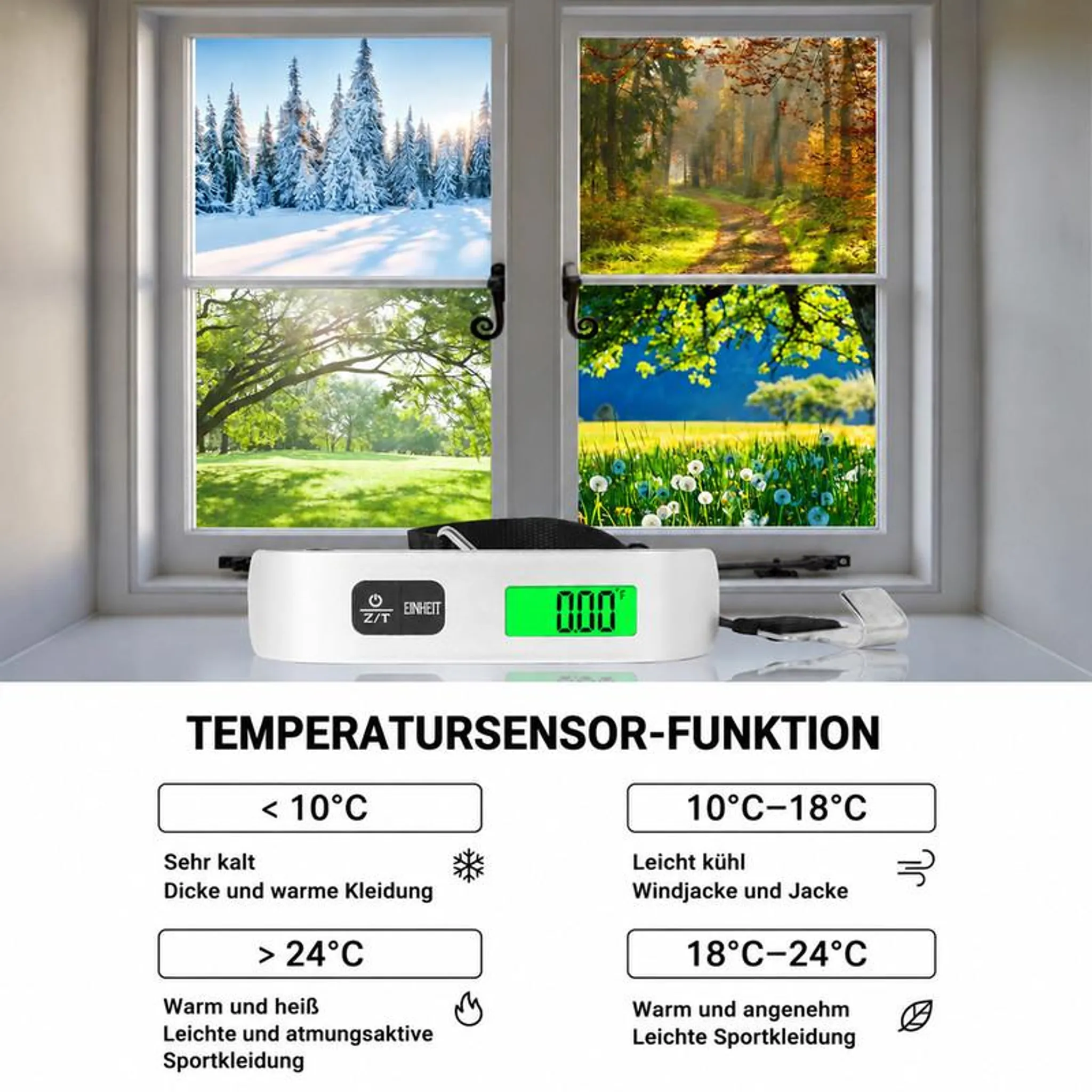 Ein weißes Gerät mit Display zeigt Temperaturen an. Vier Fenster zeigen Jahreszeiten.