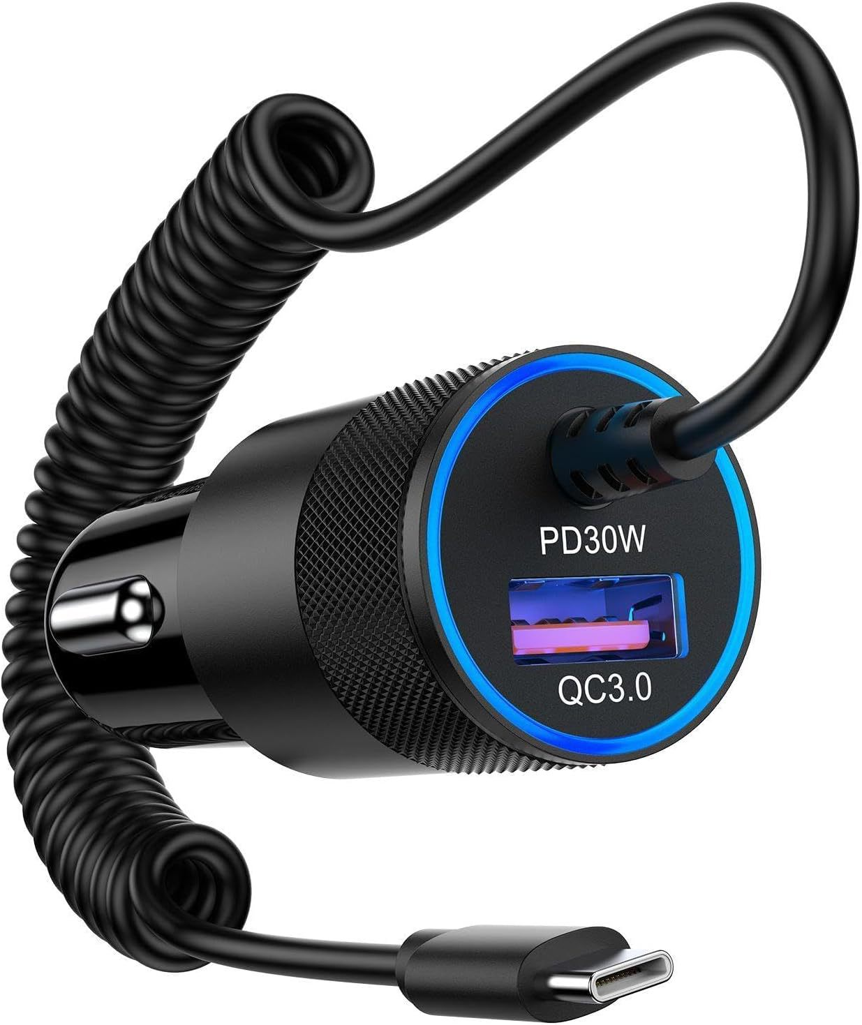 Schwarzer KFZ-Ladeadapter mit blau beleuchtetem USB-C- und QC3.0-Anschluss.