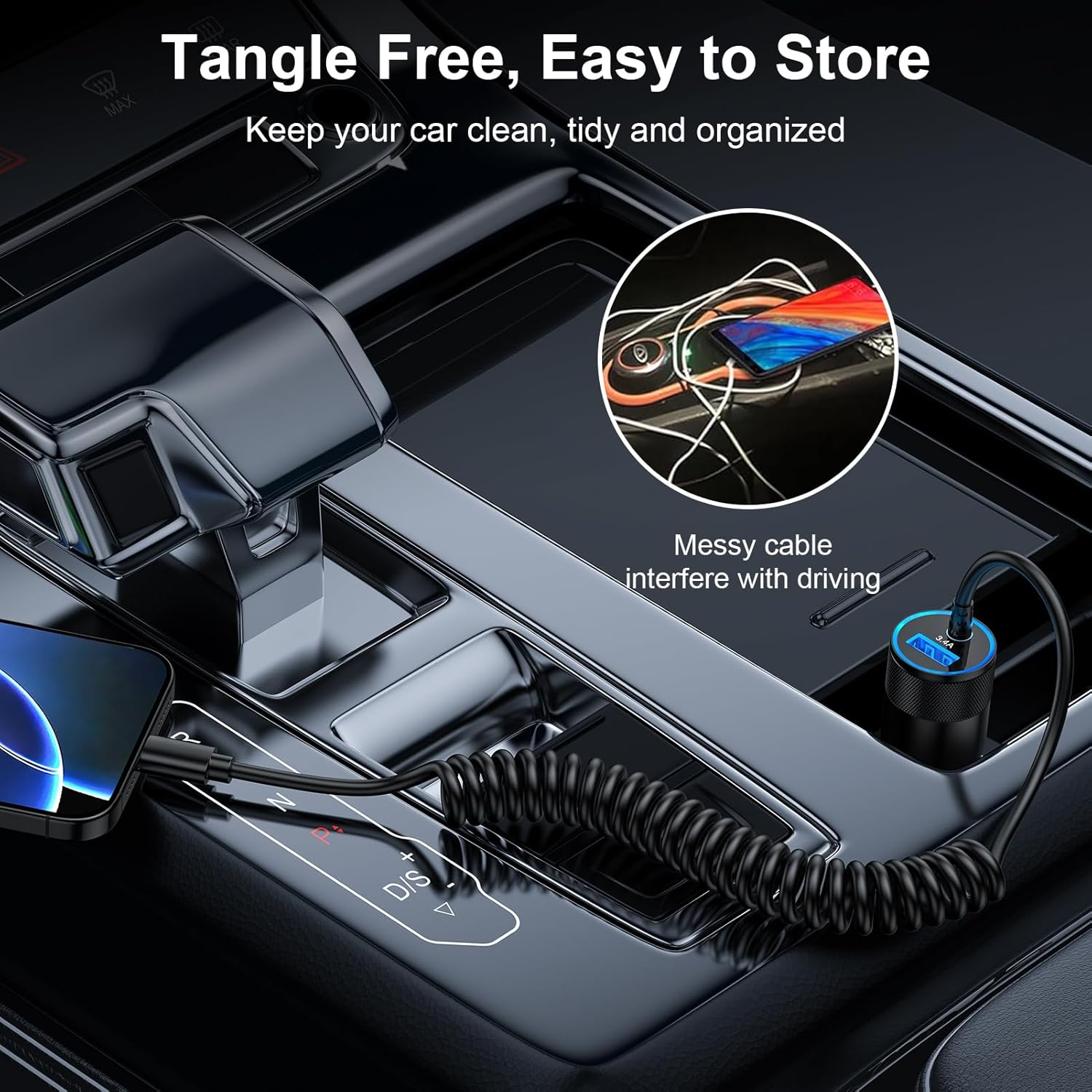 Ein Auto-Ladeadapter mit einem spiralförmigen Kabel und einem Handy in der Mittelkonsole.