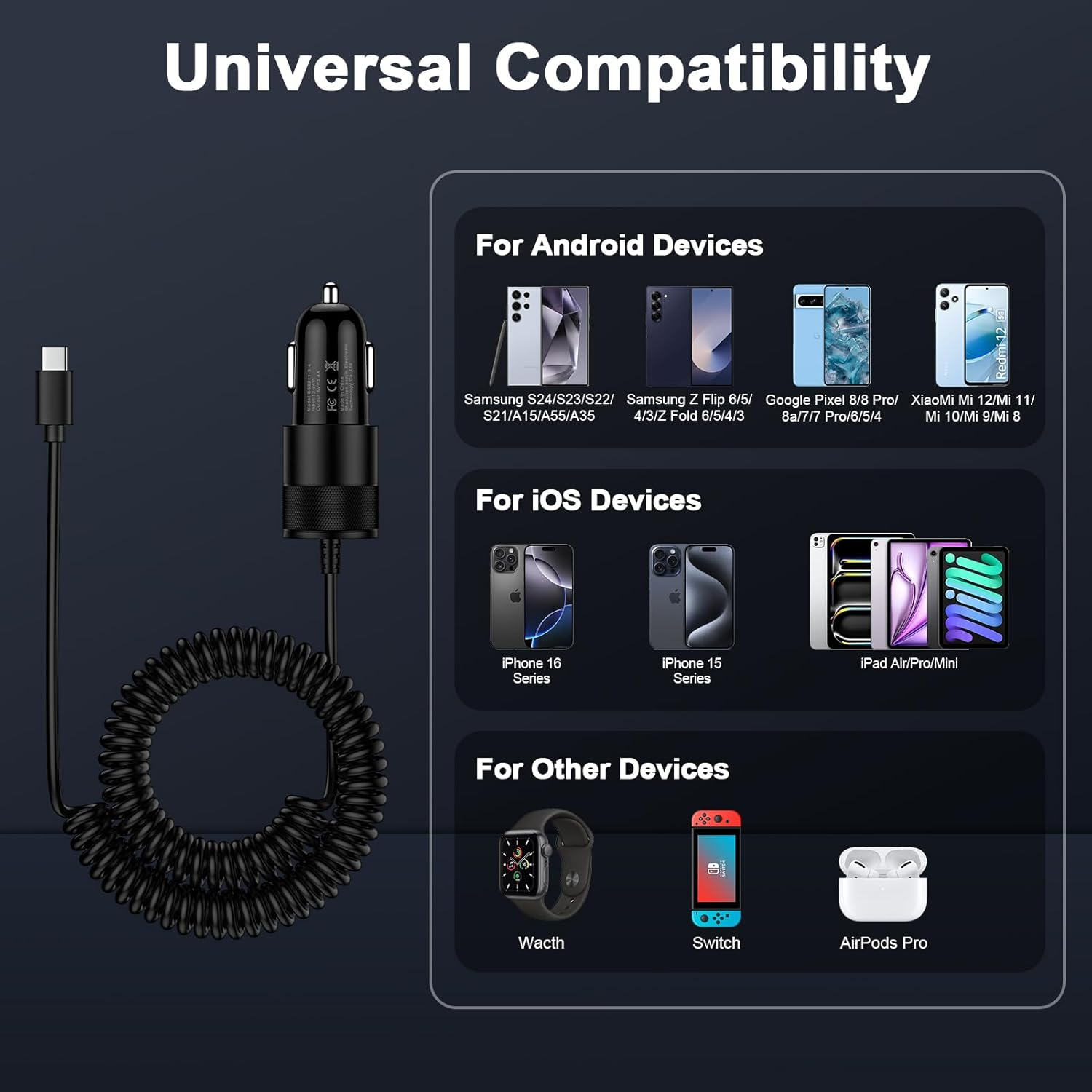 Ein schwarzes Autoladegerät mit USB-C-Kabel und Spiraldesign, kompatibel mit vielen Geräten.