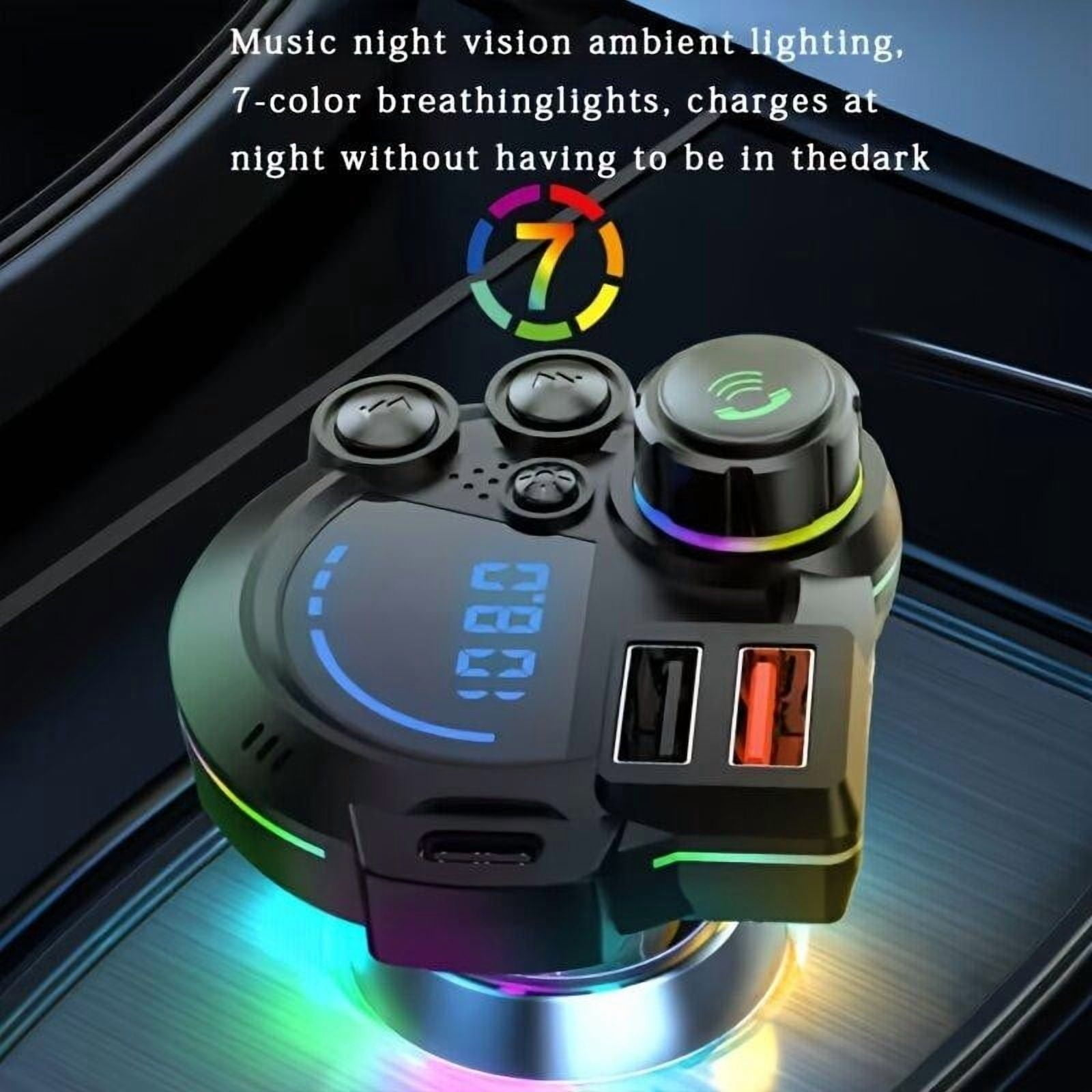 Ein schwarzer Autoladeadapter mit USB-Anschlüssen und RGB-Beleuchtung.