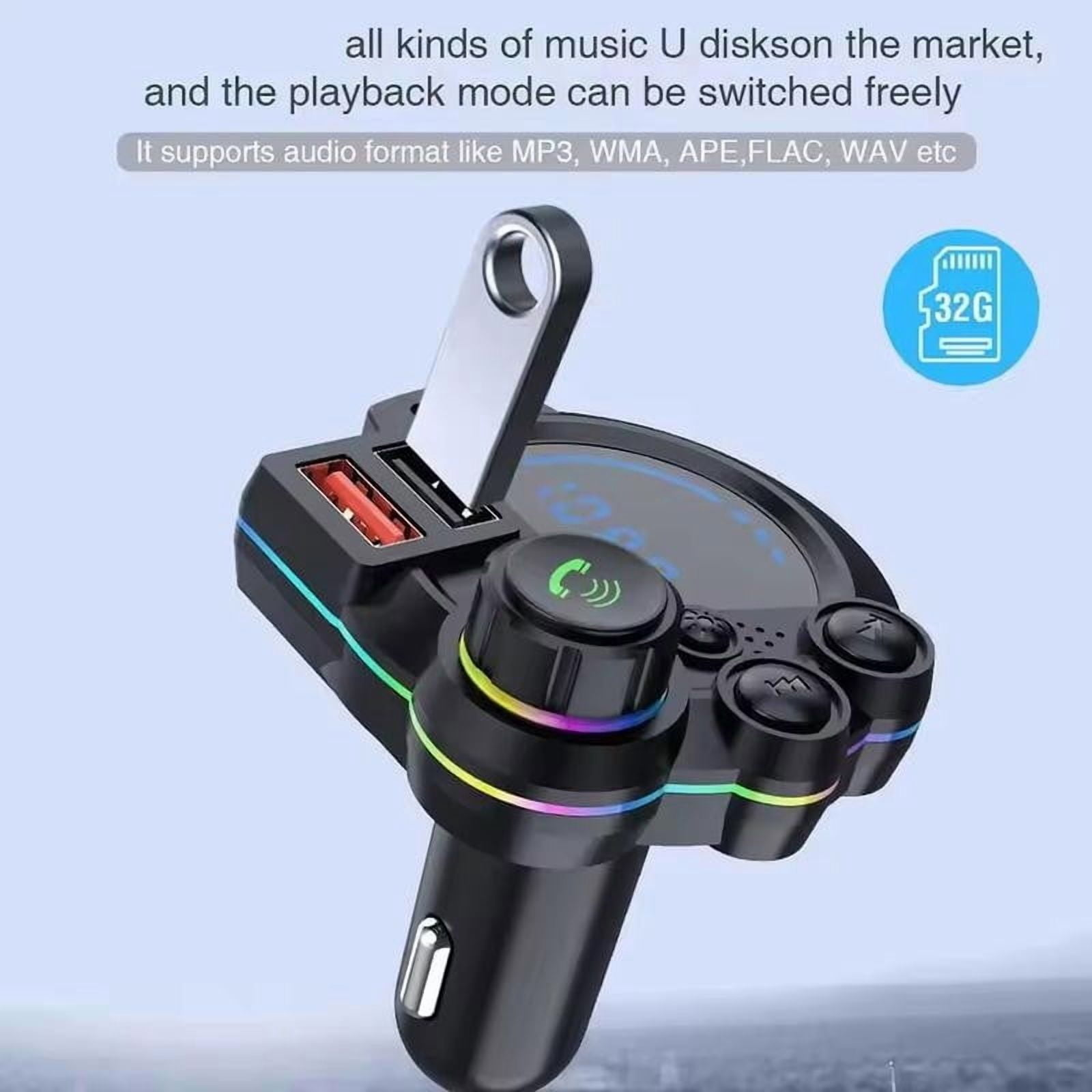 Schwarzer KFZ-Sender mit USB-Anschluss, 32G-Symbol und bunter LED-Beleuchtung.