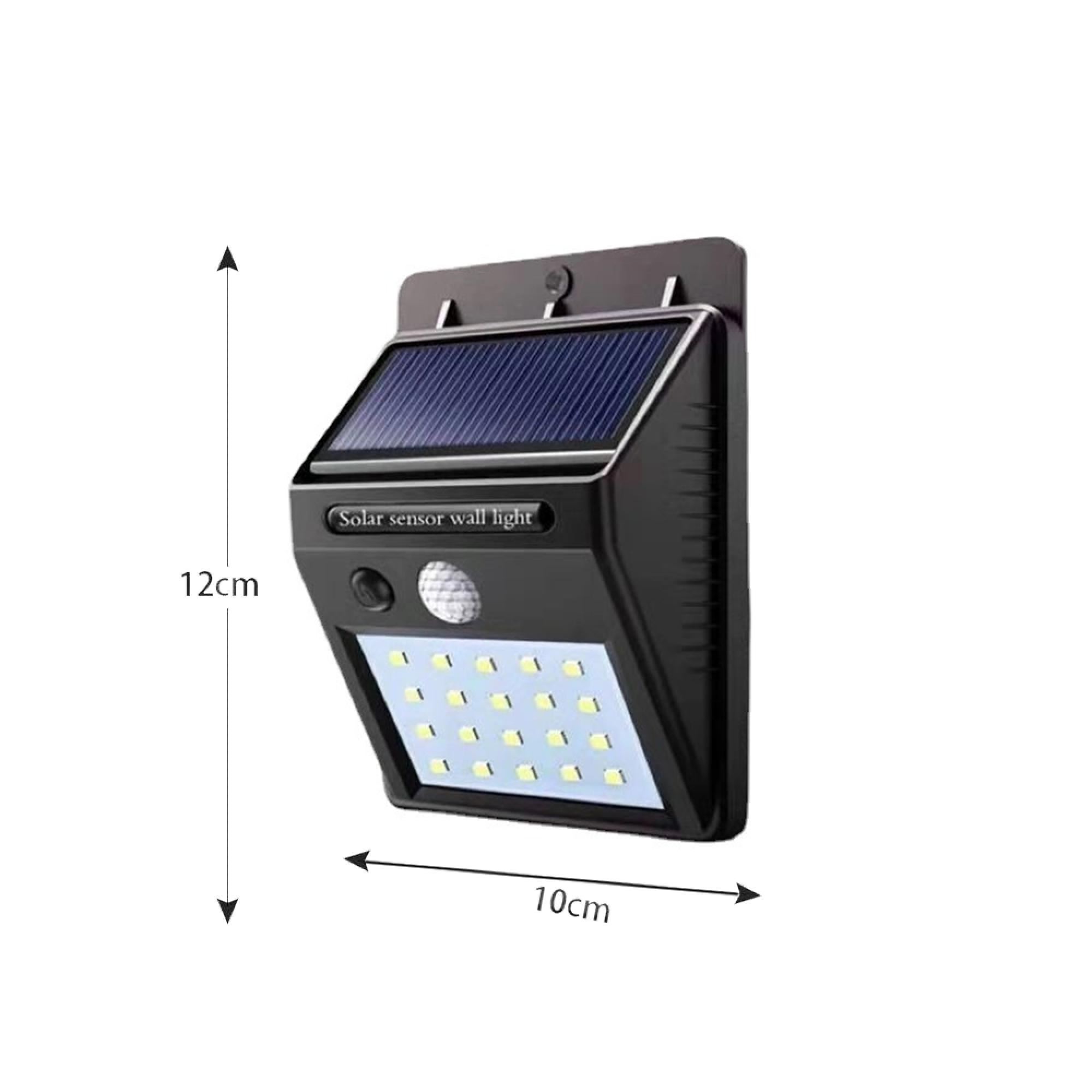 Schwarze Solar-Wandleuchte mit Bewegungssensor und 20 LEDs, 12x10cm.
