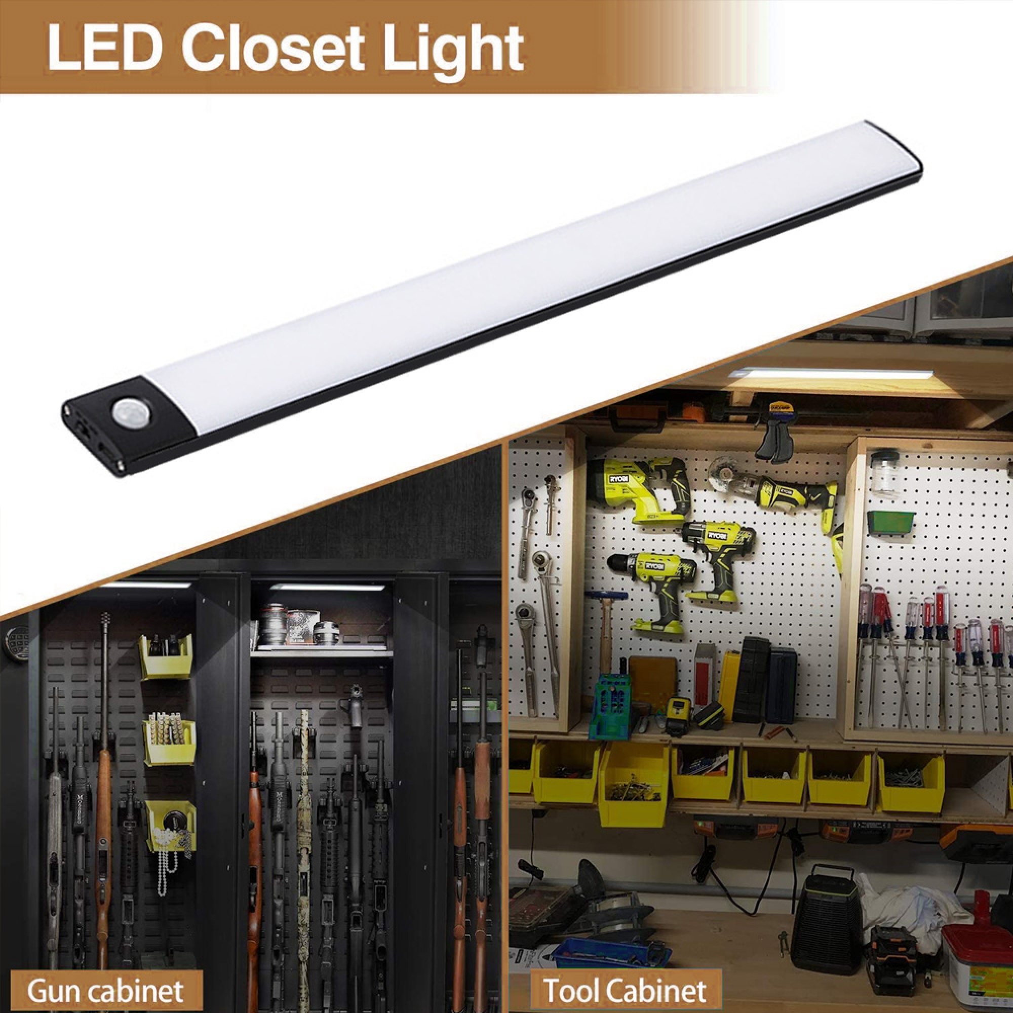 LED-Lichtleiste über einem Waffenschrank und einem Werkzeugschrank mit organisierter Lagerung.