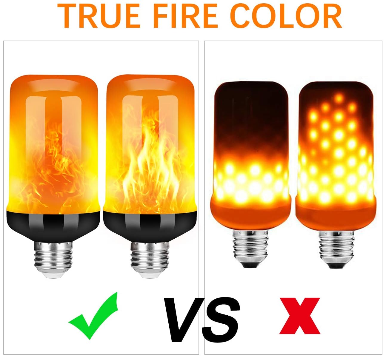 Zwei Flammeneffekt-Glühbirnen nebeneinander. Links: realistische Flamme. Rechts: LED-Punkte.