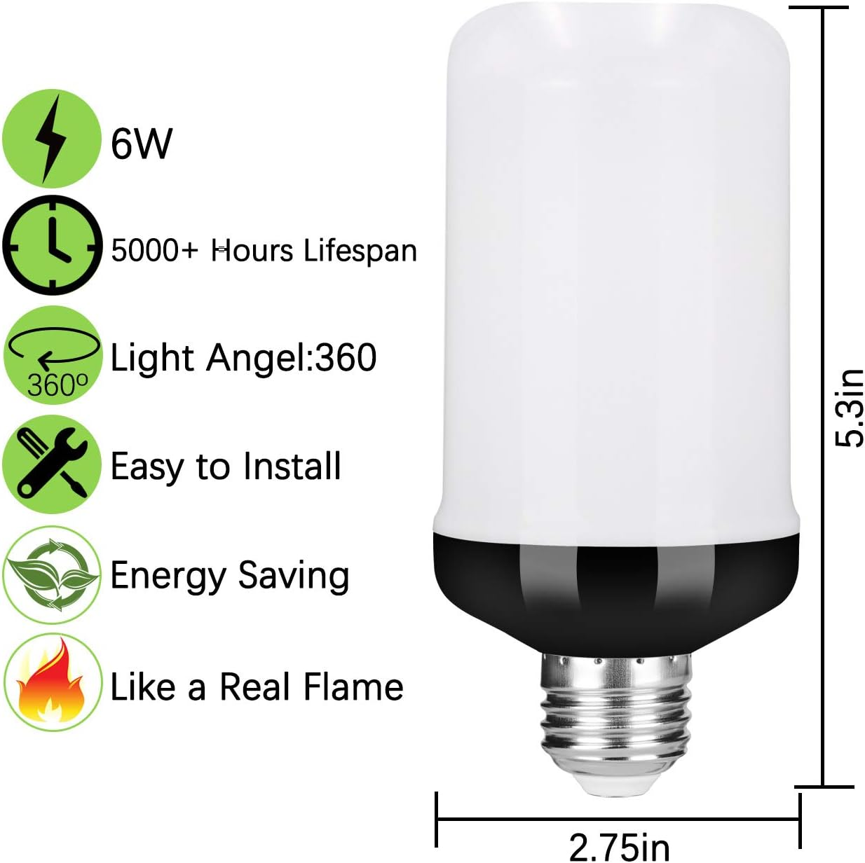 Eine weiße LED-Glühbirne mit schwarzem Sockel, 6W, 5000+ Std. Lebensdauer, 360° Licht, einfach zu installieren.