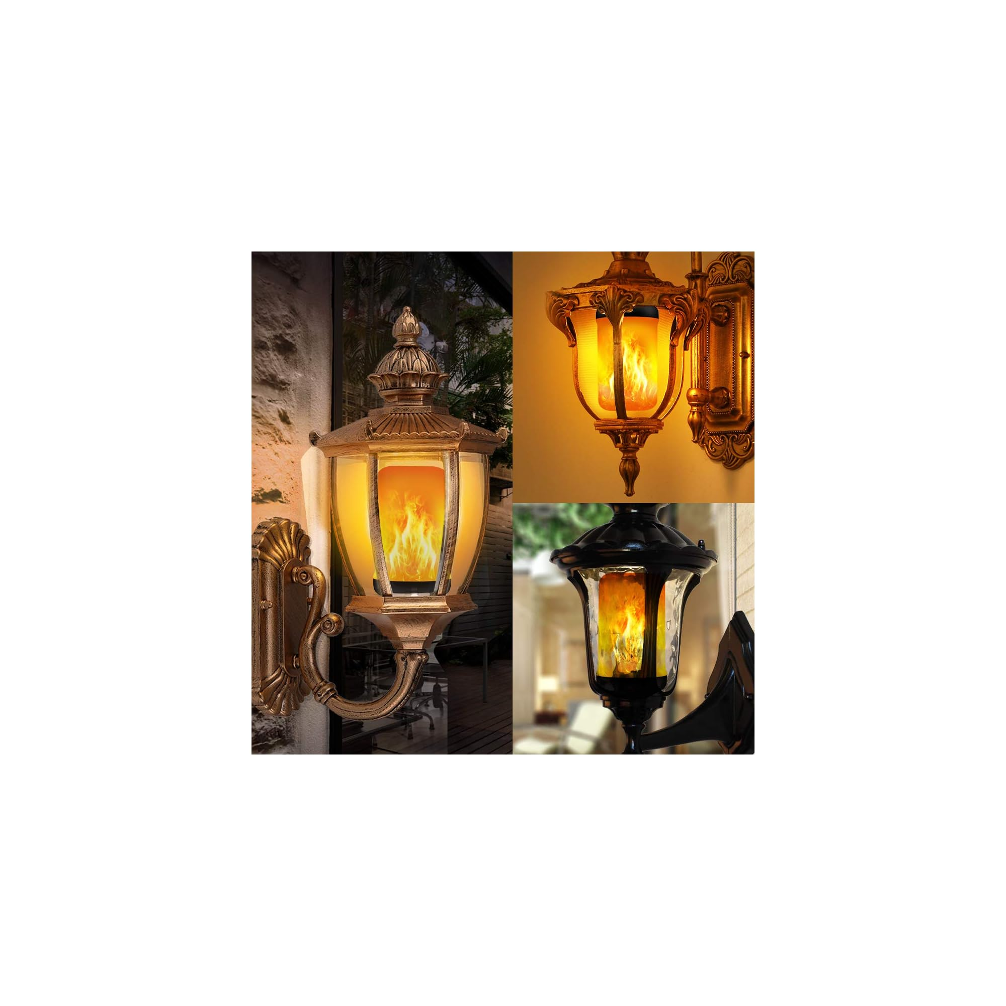 Drei Wandleuchten mit Flammen-LEDs: zwei goldene und eine schwarze.