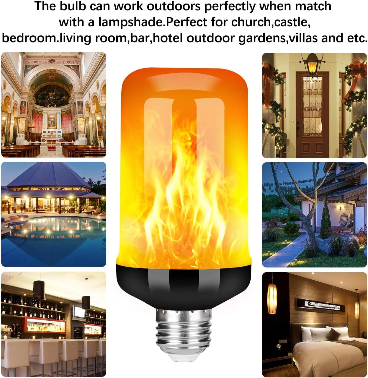 Eine Glühbirne mit Flammen-Effekt, umgeben von Bildern von Kirchen, Hotels, Bars und Schlafzimmern.