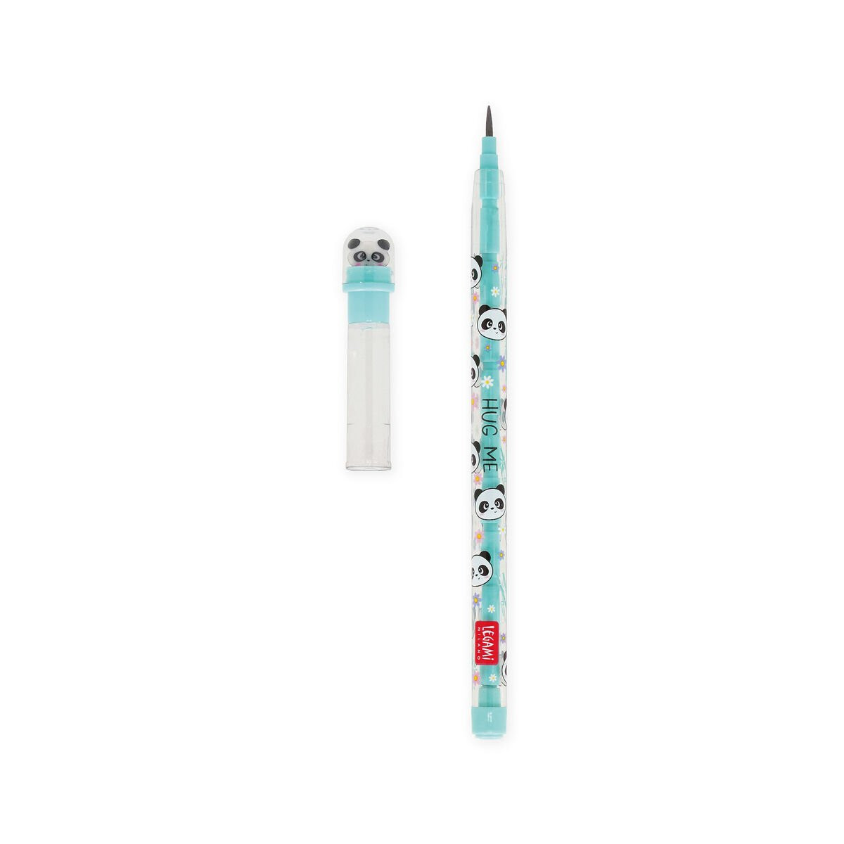 Ein blauer Stift mit Pandas und der Aufschrift "HUG ME", neben einer durchsichtigen Hülle mit Panda-Deckel.