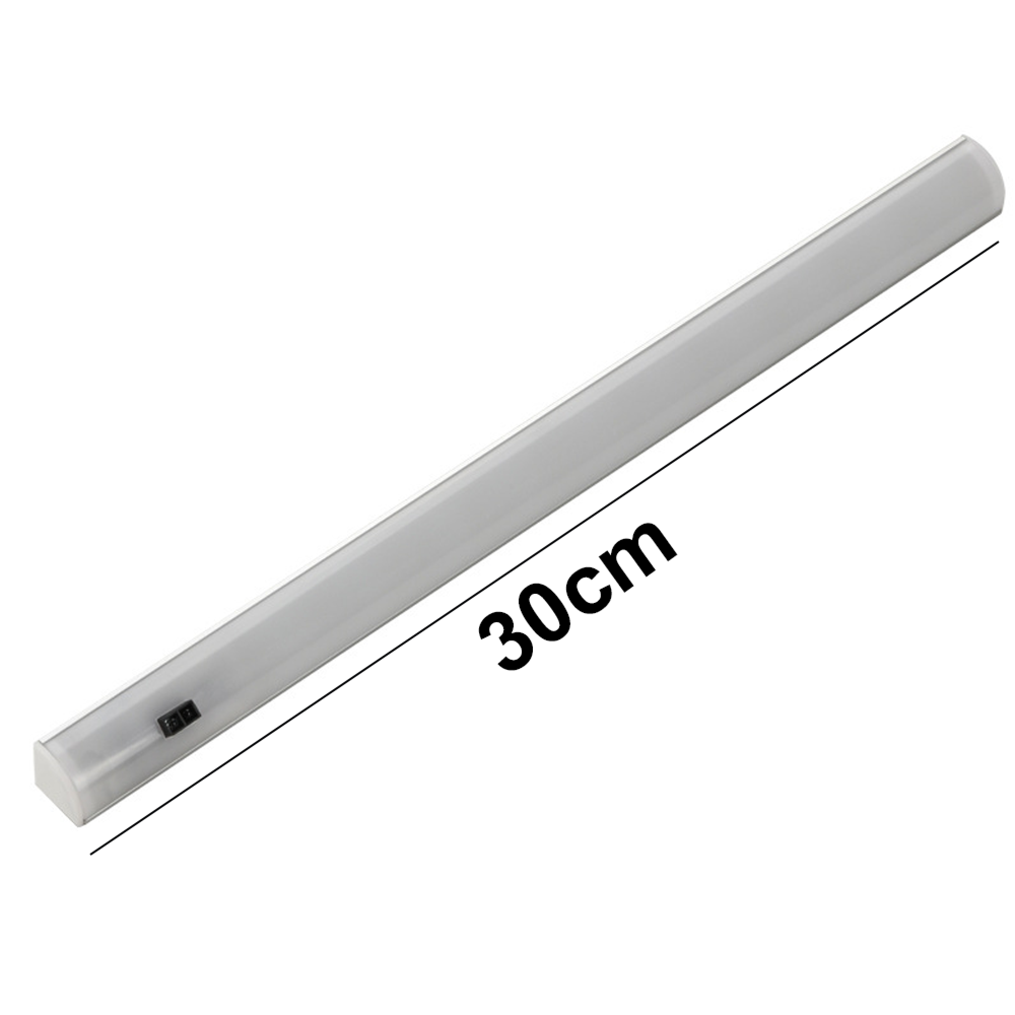 30cm lange weiße LED-Leiste mit Schalter, auf weißem Hintergrund.