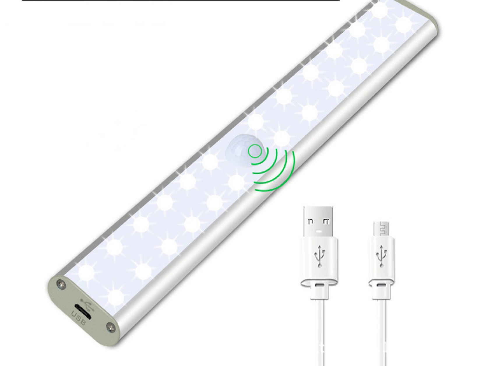 Eine silberne LED-Lichtleiste mit Bewegungssensor und USB-Ladeanschluss, mit zwei USB-Kabeln.