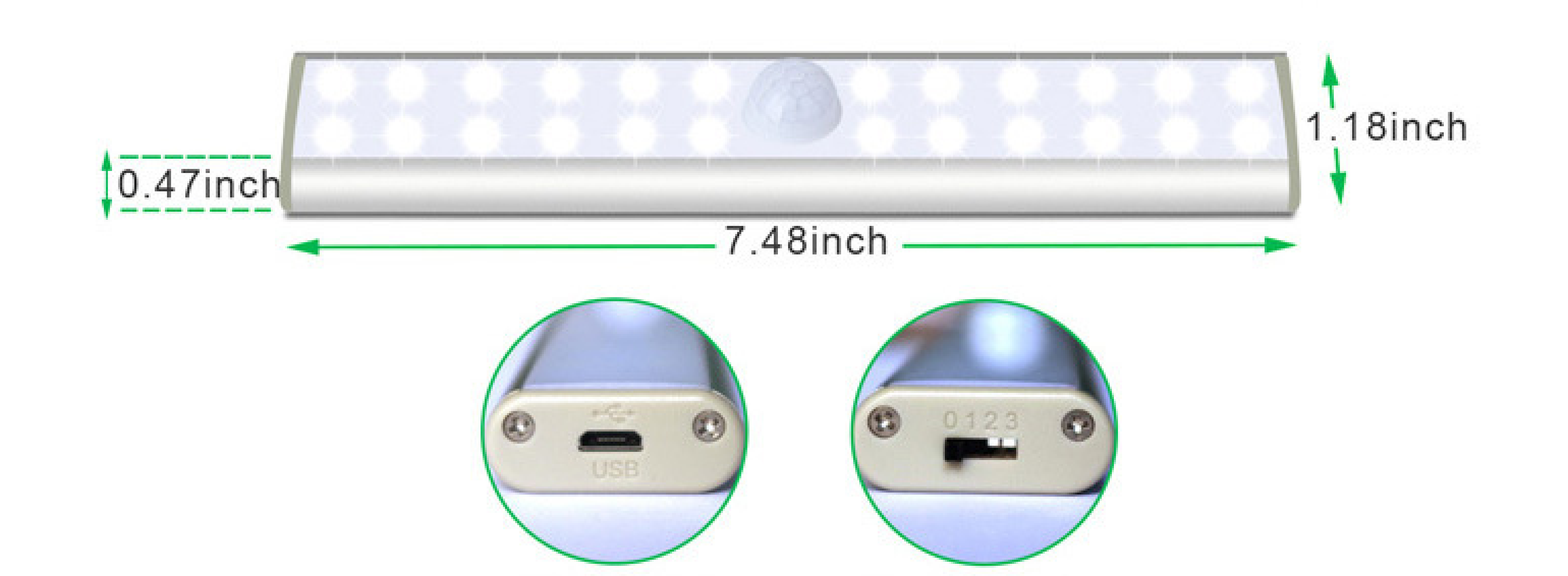 Lichtleiste mit 16 LEDs, Bewegungssensor, USB-Anschluss, 18,9 cm lang.