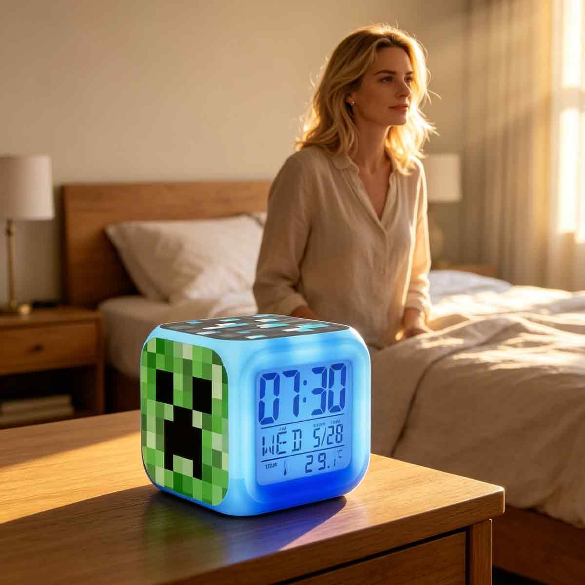 Ein Minecraft Creeper-Würfelwecker leuchtet blau auf einem Nachttisch neben einem Bett, auf dem eine Frau sitzt.