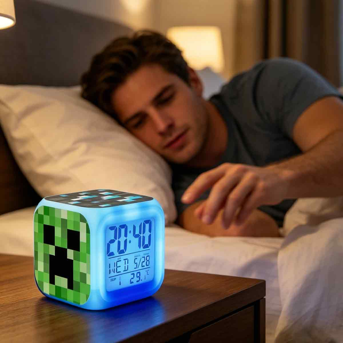 Ein Minecraft Creeper-Würfelwecker leuchtet blau neben einem schlafenden Mann im Bett.