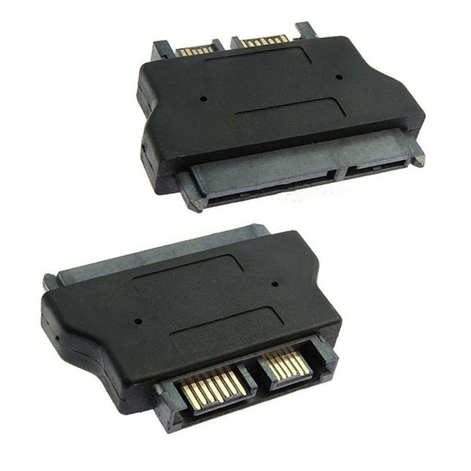 Zwei schwarze SATA-zu-IDE-Adapter mit Metallkontakten auf weißem Hintergrund.