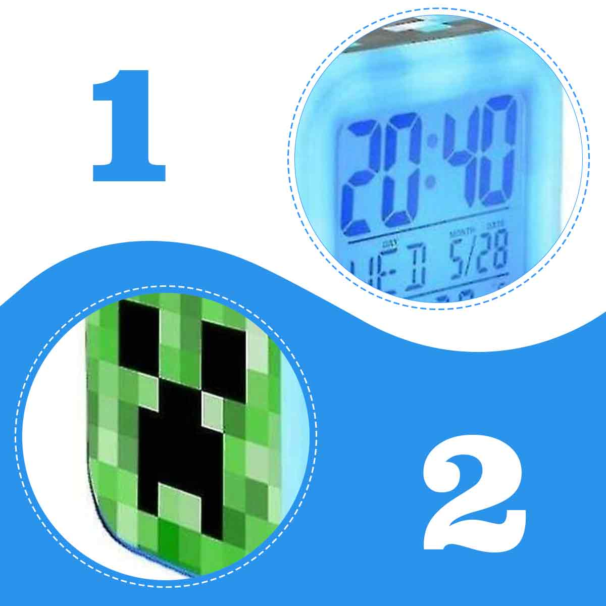 Ein digitaler Wecker mit Minecraft-Creeper-Design und blauer LED-Anzeige.