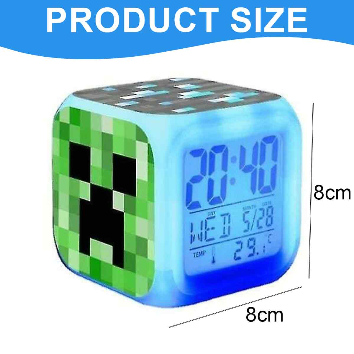 Eine grüne, pixelige Creeper-Weckeruhr zeigt 20:40 und das Datum 5/28. Sie ist 8cm x 8cm.