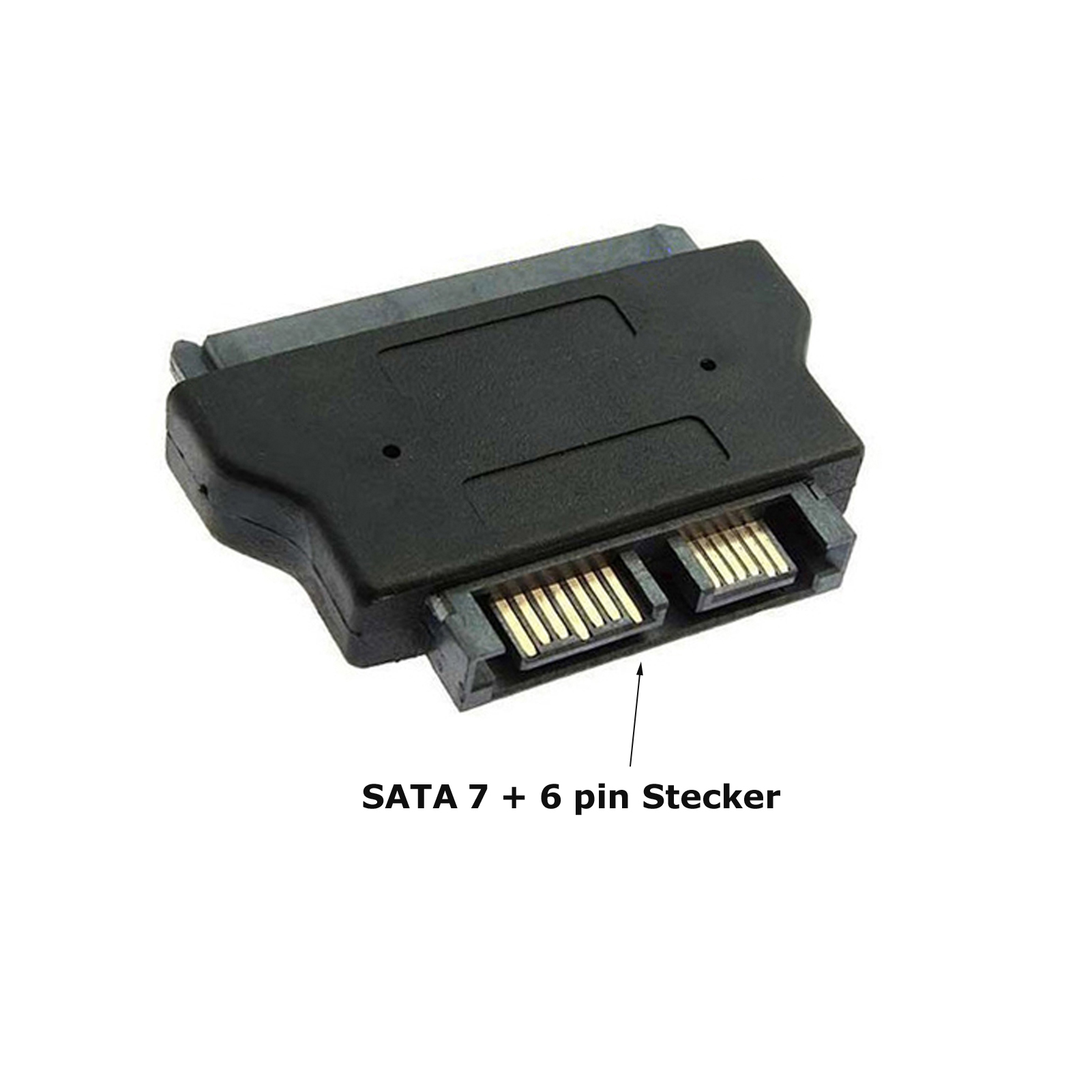 Schwarzer SATA-zu-IDE-Adapter mit goldenen Anschlüssen auf weißem Hintergrund.