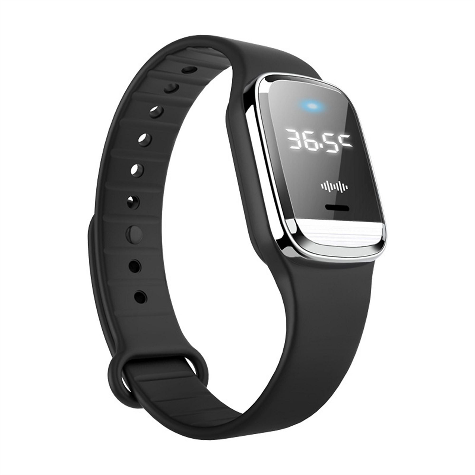 Schwarzes Smartband mit digitaler Temperaturanzeige und blauem Lichtpunkt.