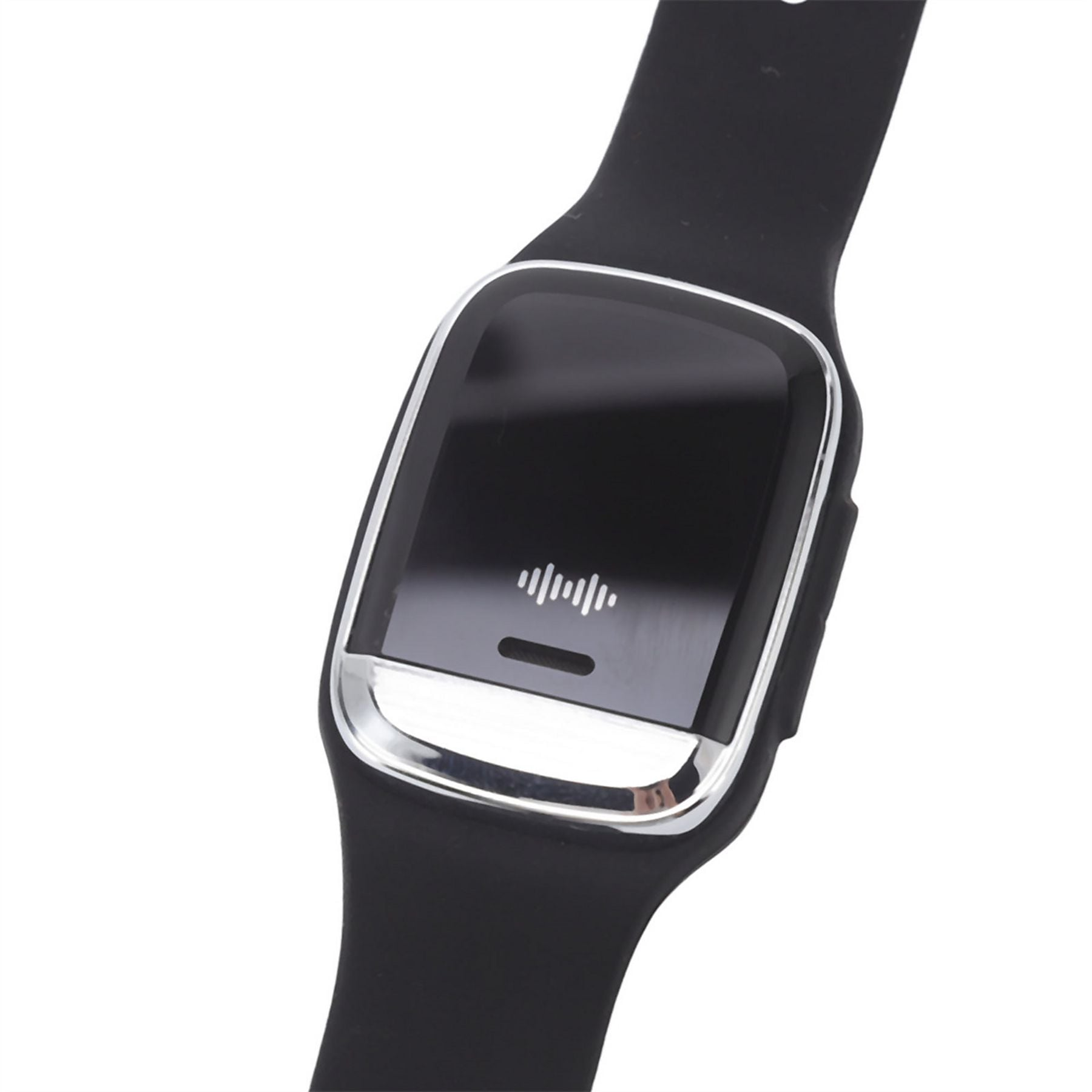 Schwarzes Smartwatch-Armband mit silbernem Rahmen und einem schwarzen Bildschirm, der eine Schallwelle anzeigt.