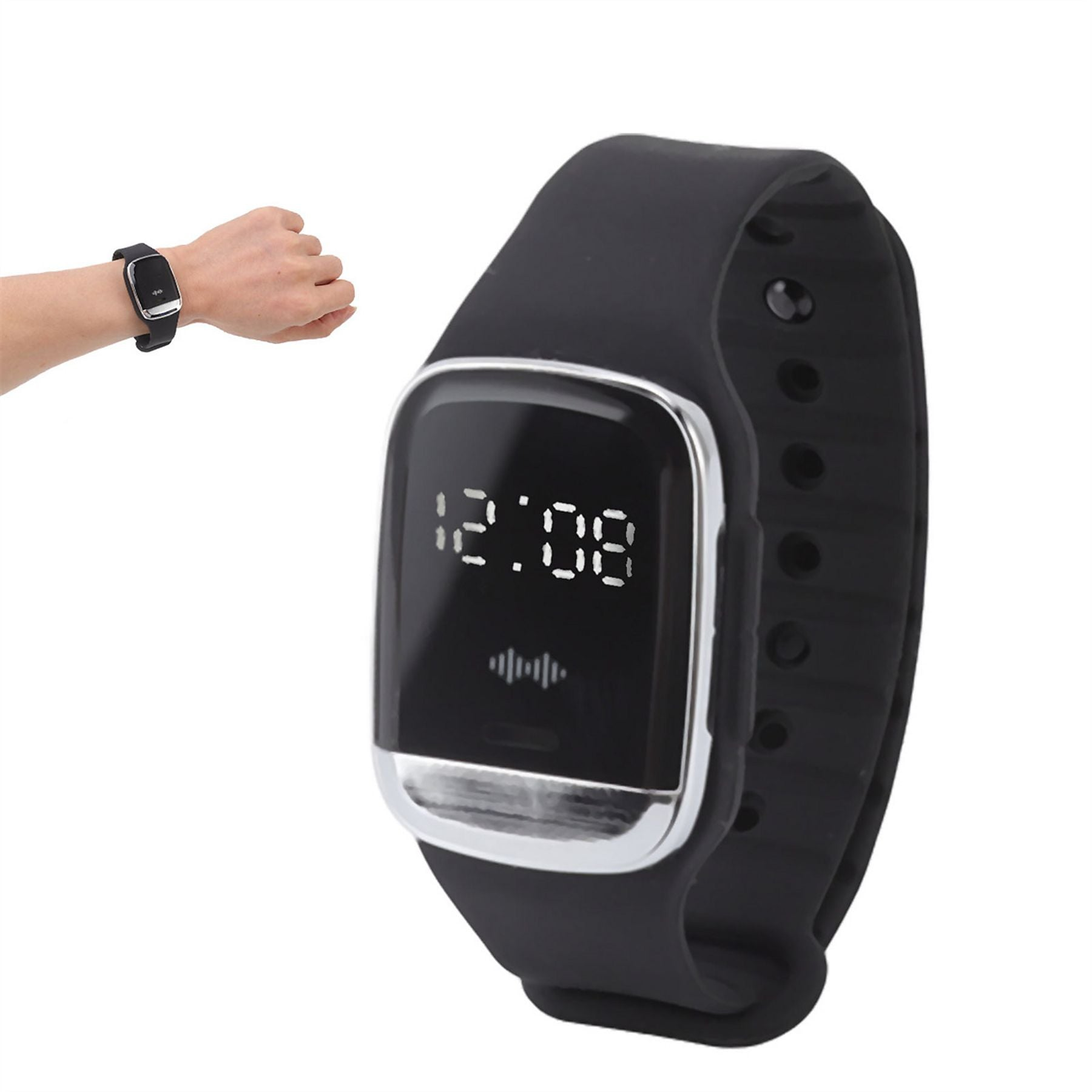 Ein schwarzes Smartwatch mit silbernem Rand zeigt 12:08 an.