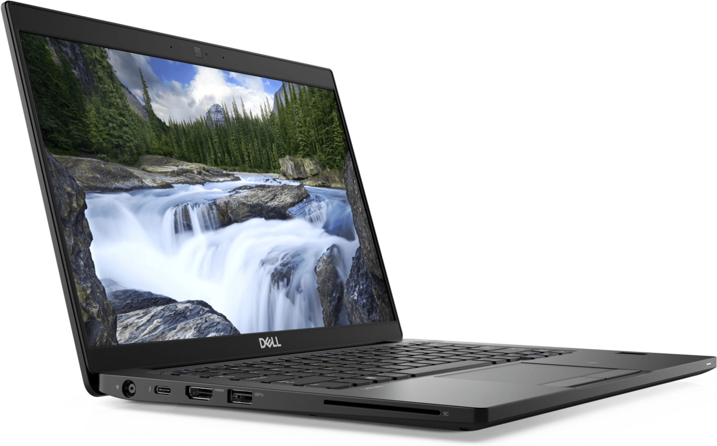 Schwarzer Dell Laptop mit Wasserfall-Hintergrundbild, weiße Beschriftung.