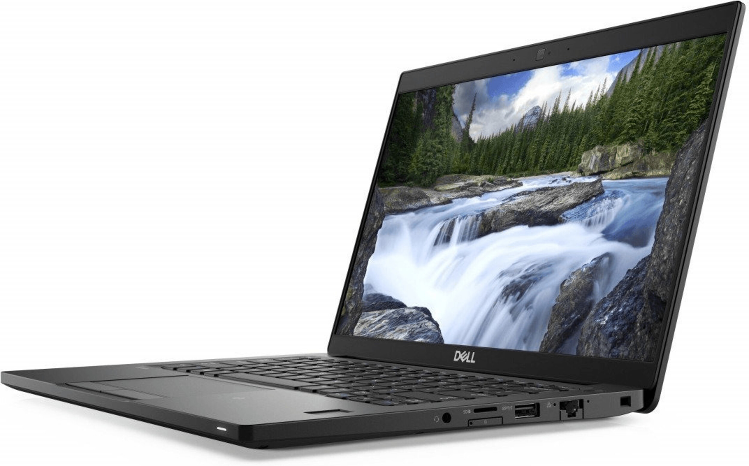 Ein schwarzer Dell Laptop auf weißem Hintergrund. Der Bildschirm zeigt einen Wasserfall.