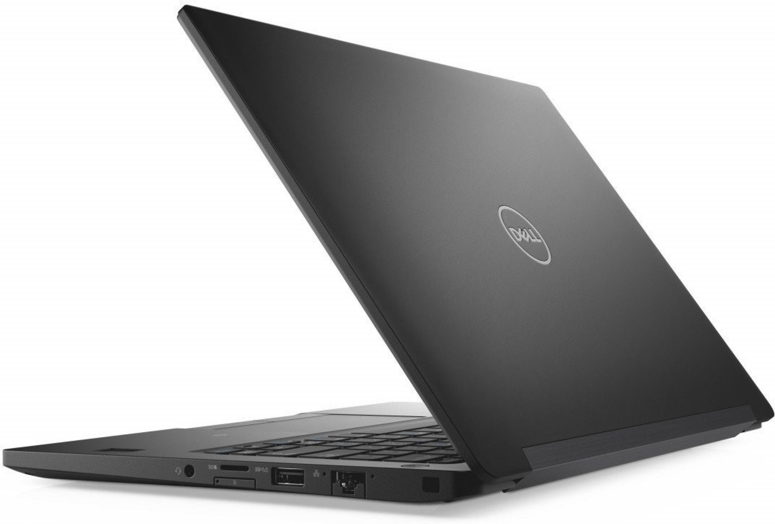 Ein schwarzer Dell Laptop mit geöffnetem Deckel, von der Seite gesehen.
