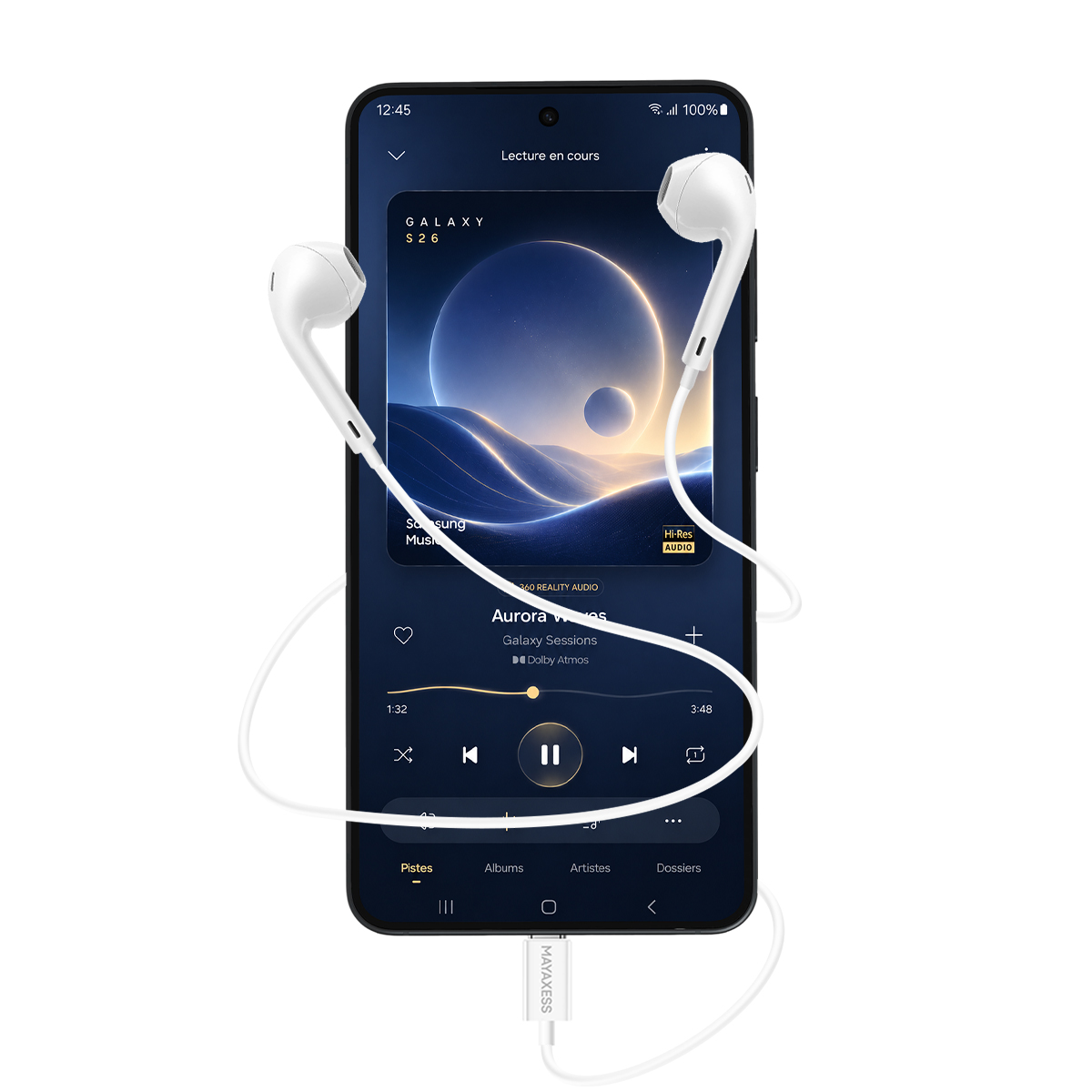 Uno smartphone con auricolari visualizza un'app musicale con copertina e controlli di riproduzione.