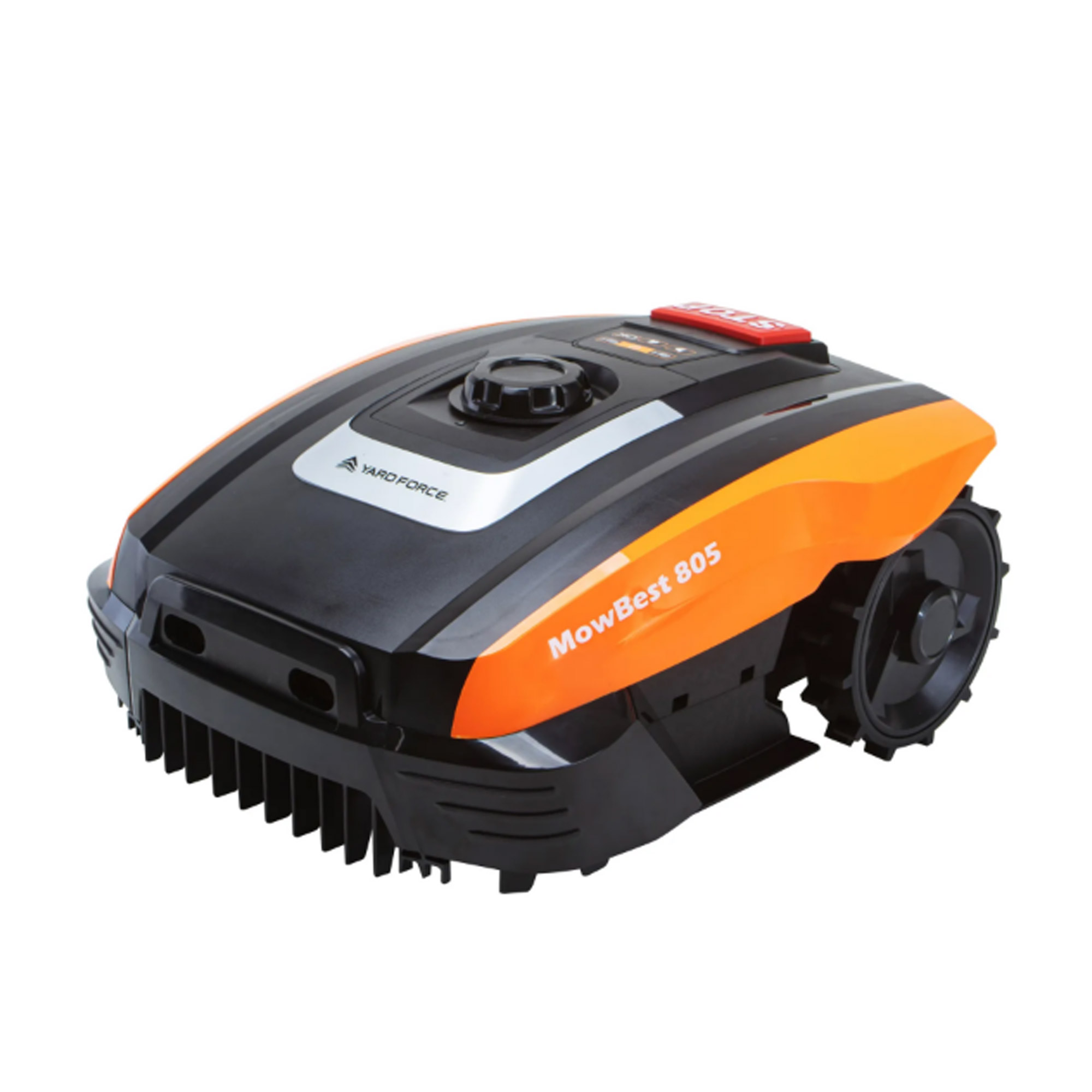 Ein schwarzer und oranger Roboter-Rasenmäher mit der Aufschrift "MowBest 805".