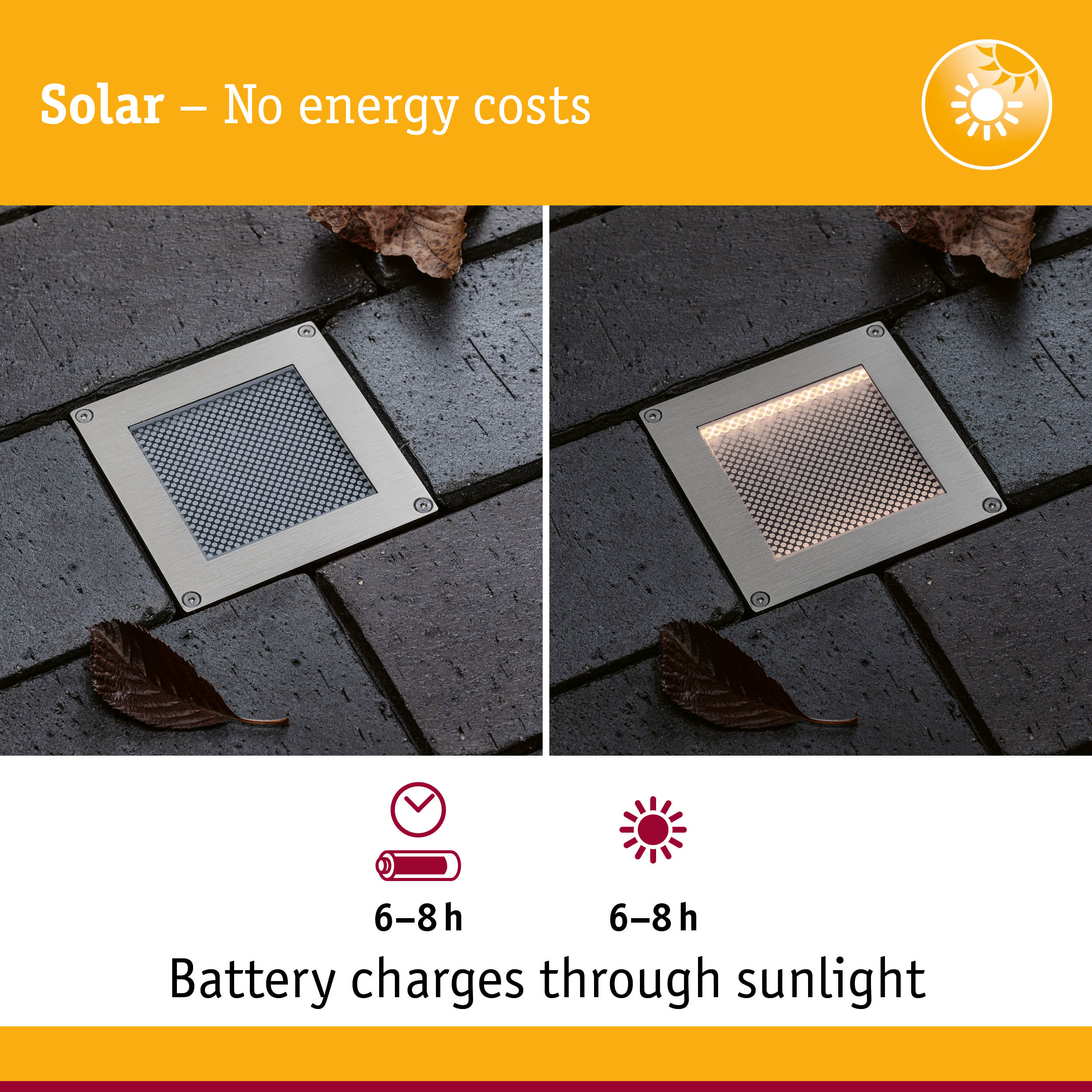 Solarleuchte: Ein ausgeschaltet, eins leuchtend. Ladezeit 6-8h.
