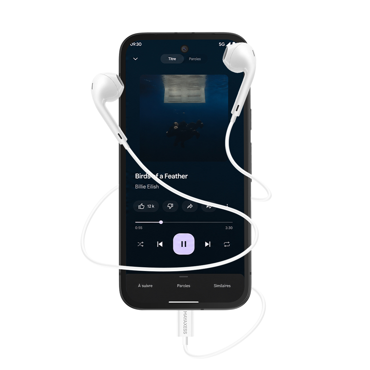 Uno smartphone mostra un'app musicale con auricolari. La canzone è 'Birds of a Feather'.