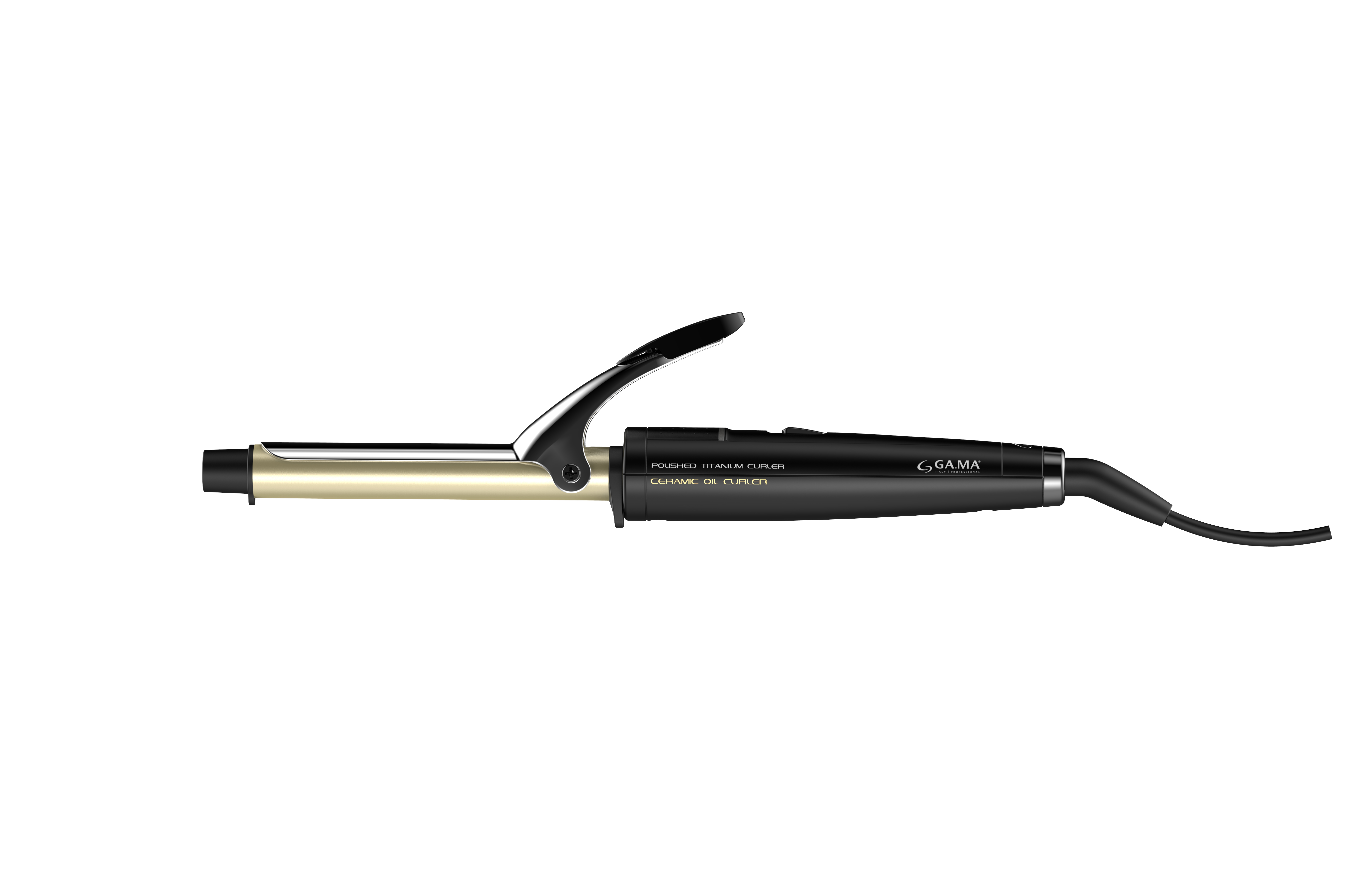 Ein schwarzer Haarglätter mit goldenem Stab und silbernem Griff, mit Kabel.