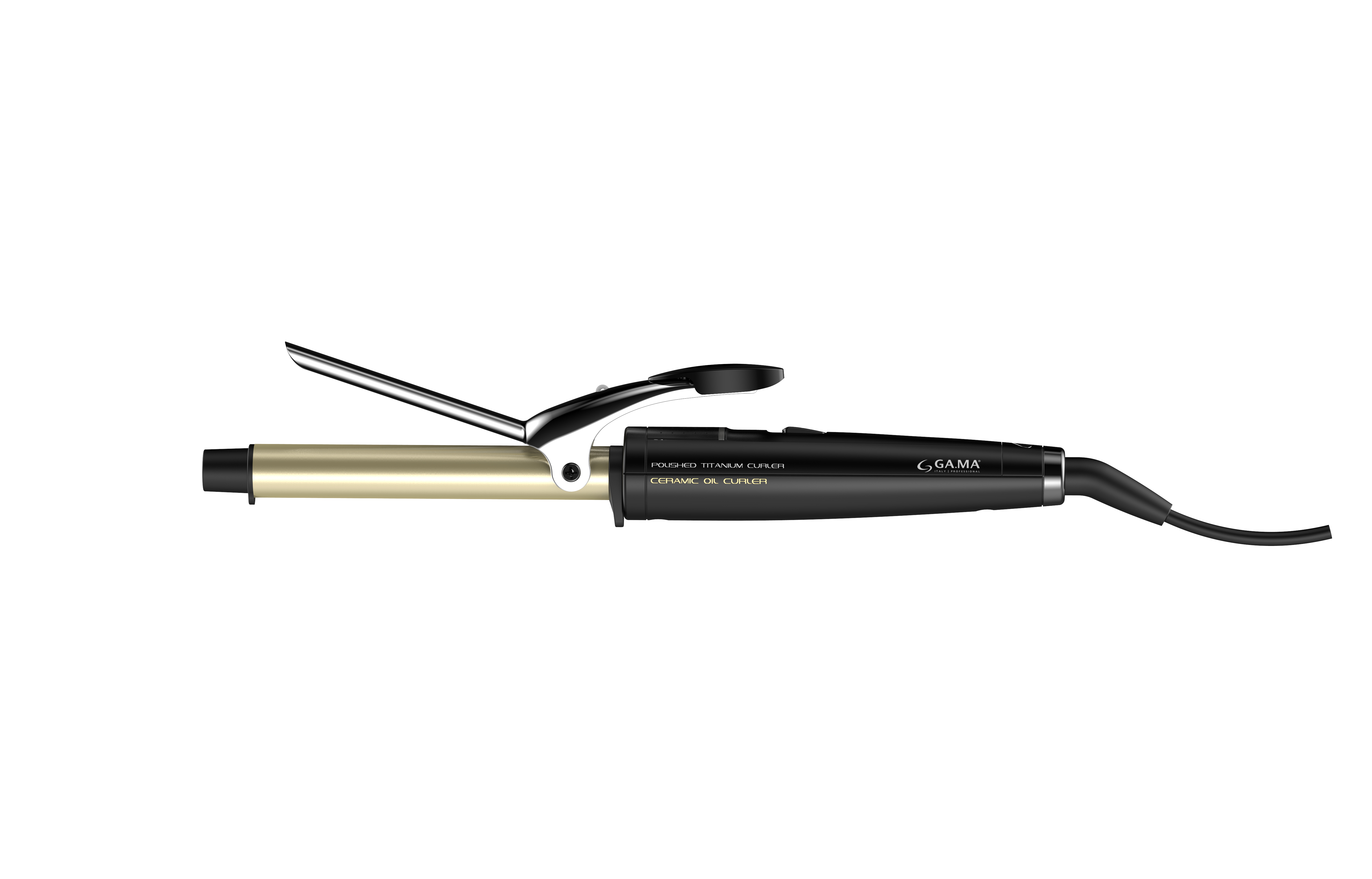 Ein goldener Lockenstab mit schwarzem Griff und Kabel.