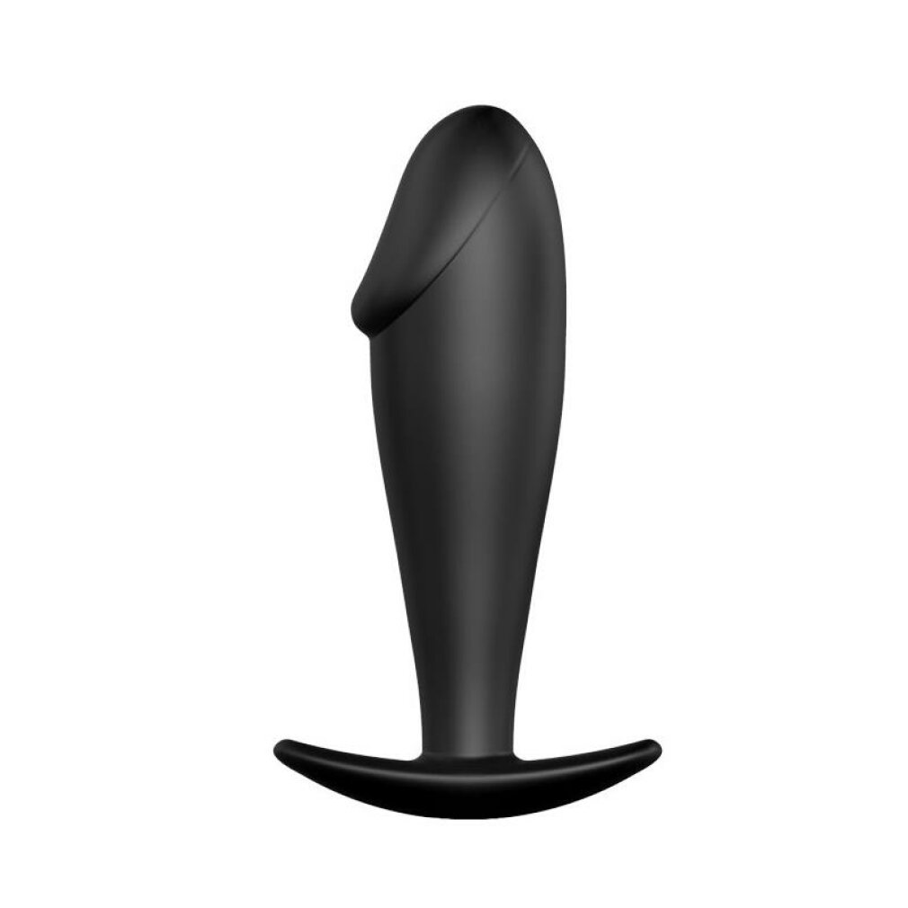 Ein schwarzer Butt-Plug mit einem gebogenen oberen Ende und einem flachen, breiten Boden.