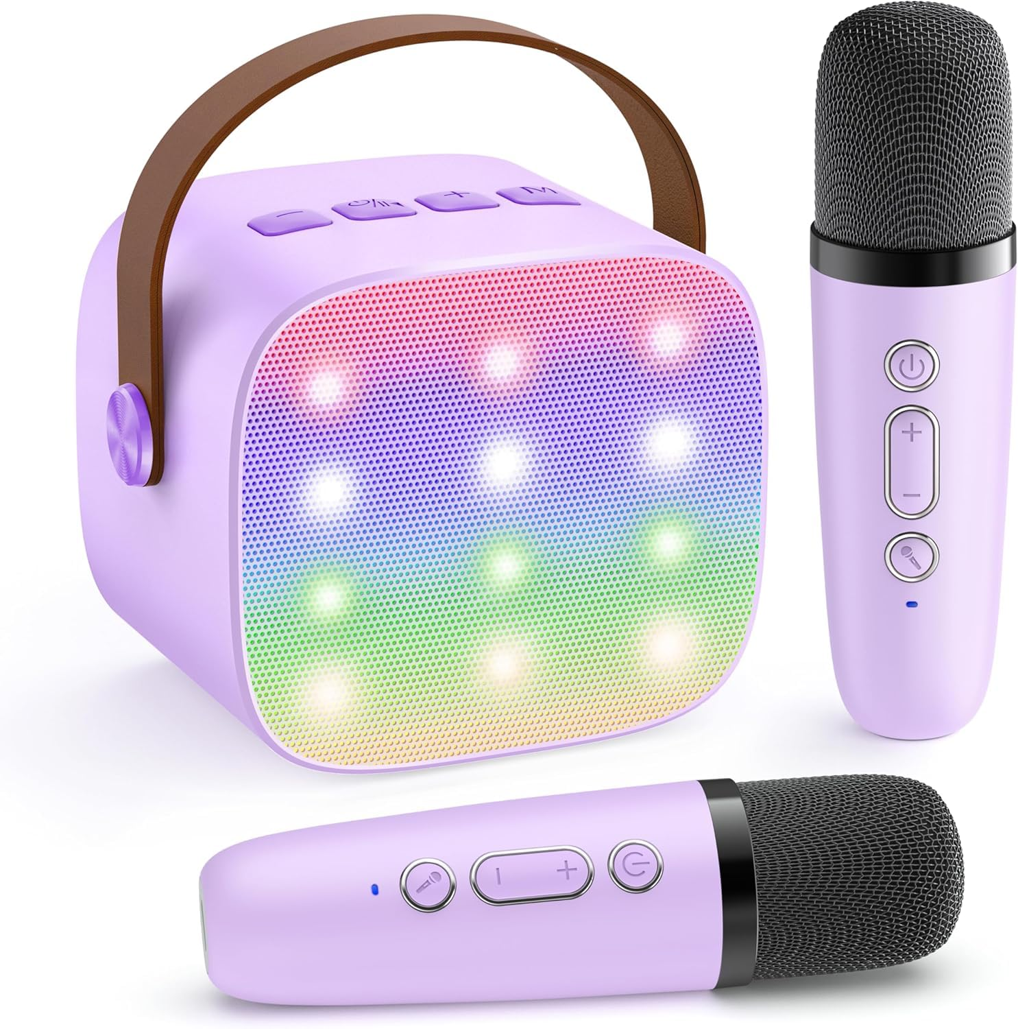 Ein lavendelfarbener Bluetooth-Lautsprecher mit Regenbogenlichtern und zwei Mikrofonen.