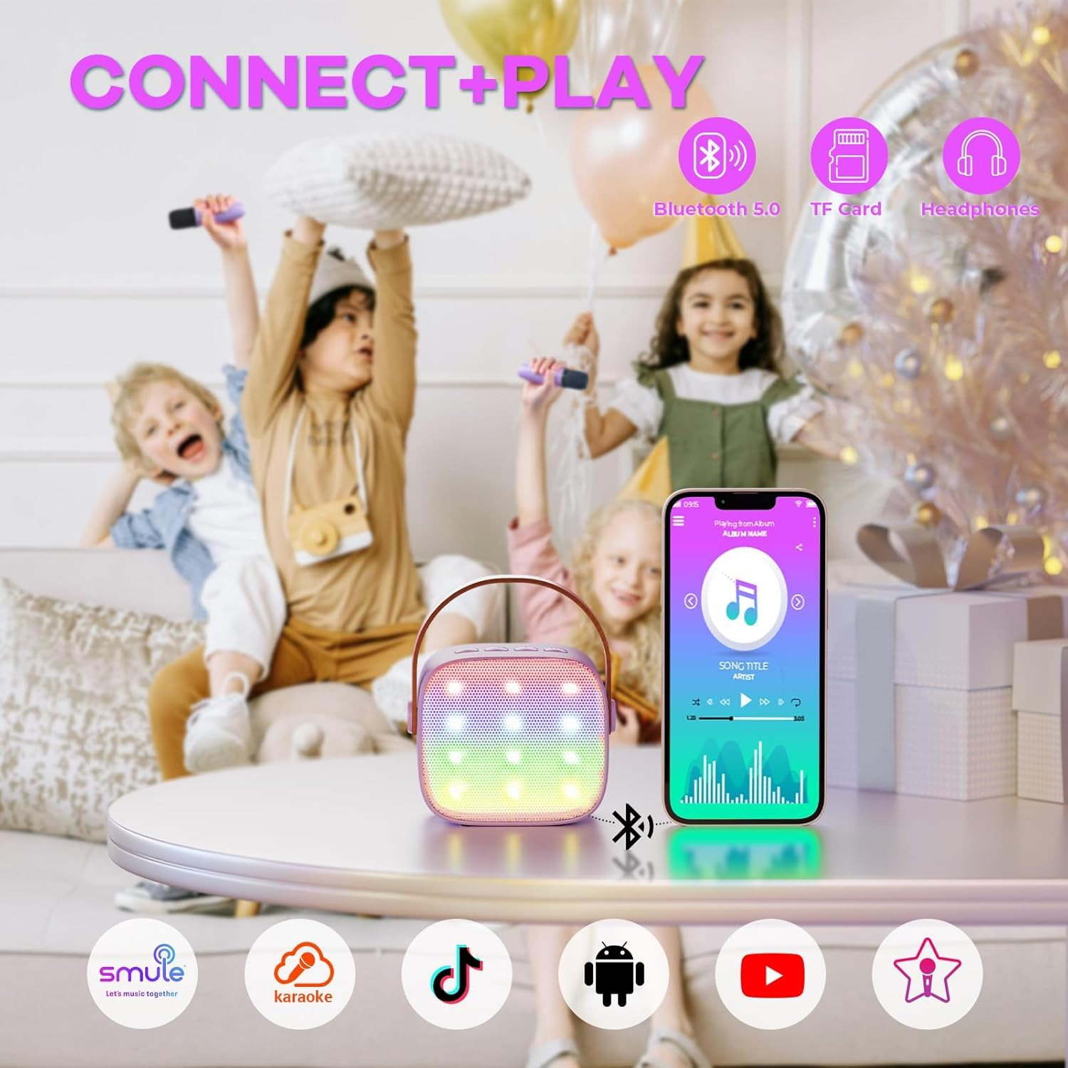 Kinder haben Spaß mit tragbarem Lautsprecher und Handy mit Musik-App. Features Bluetooth, TF-Karte.