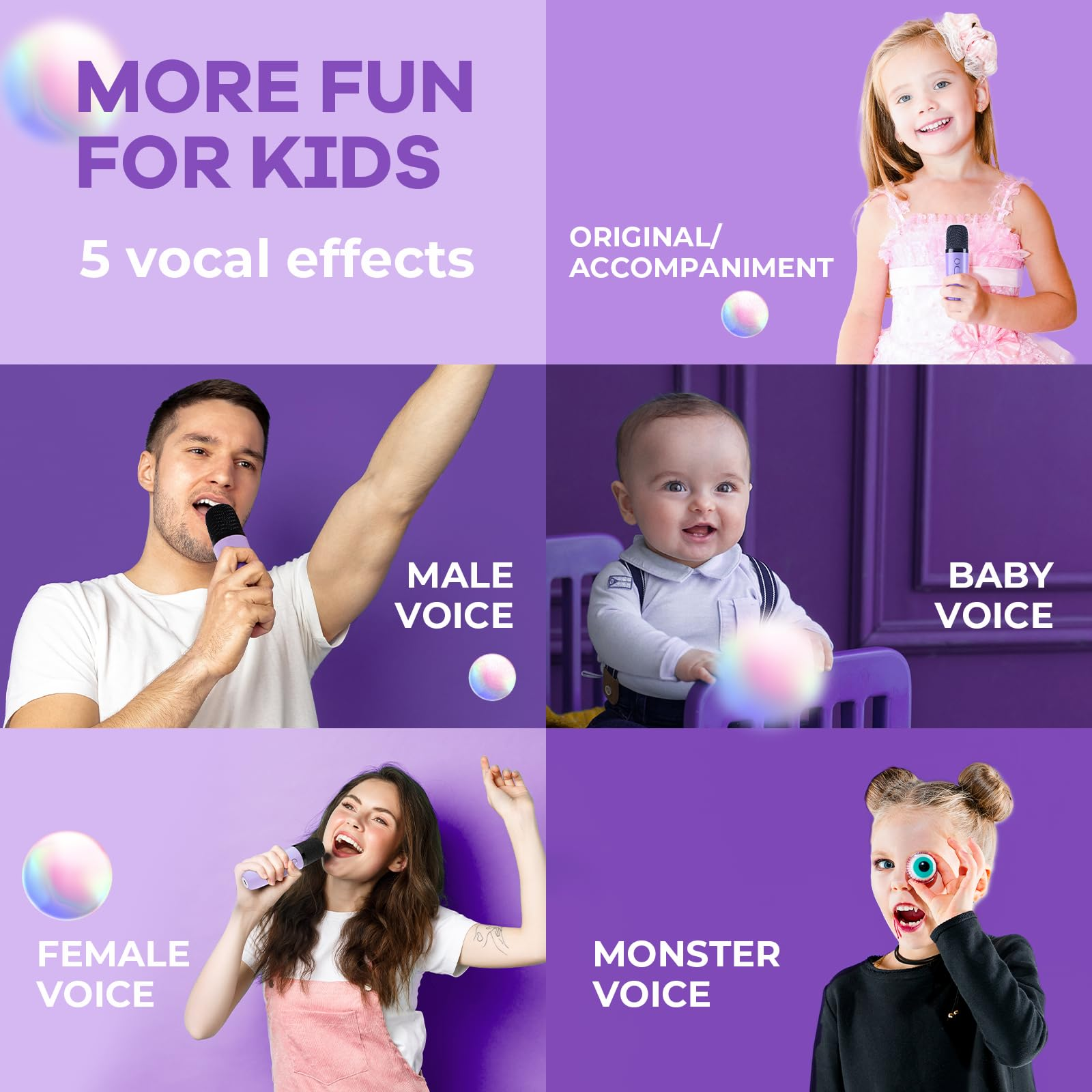 Collage mit 5 Stimmen: Kind, Mann, Baby, Frau, Monster.
