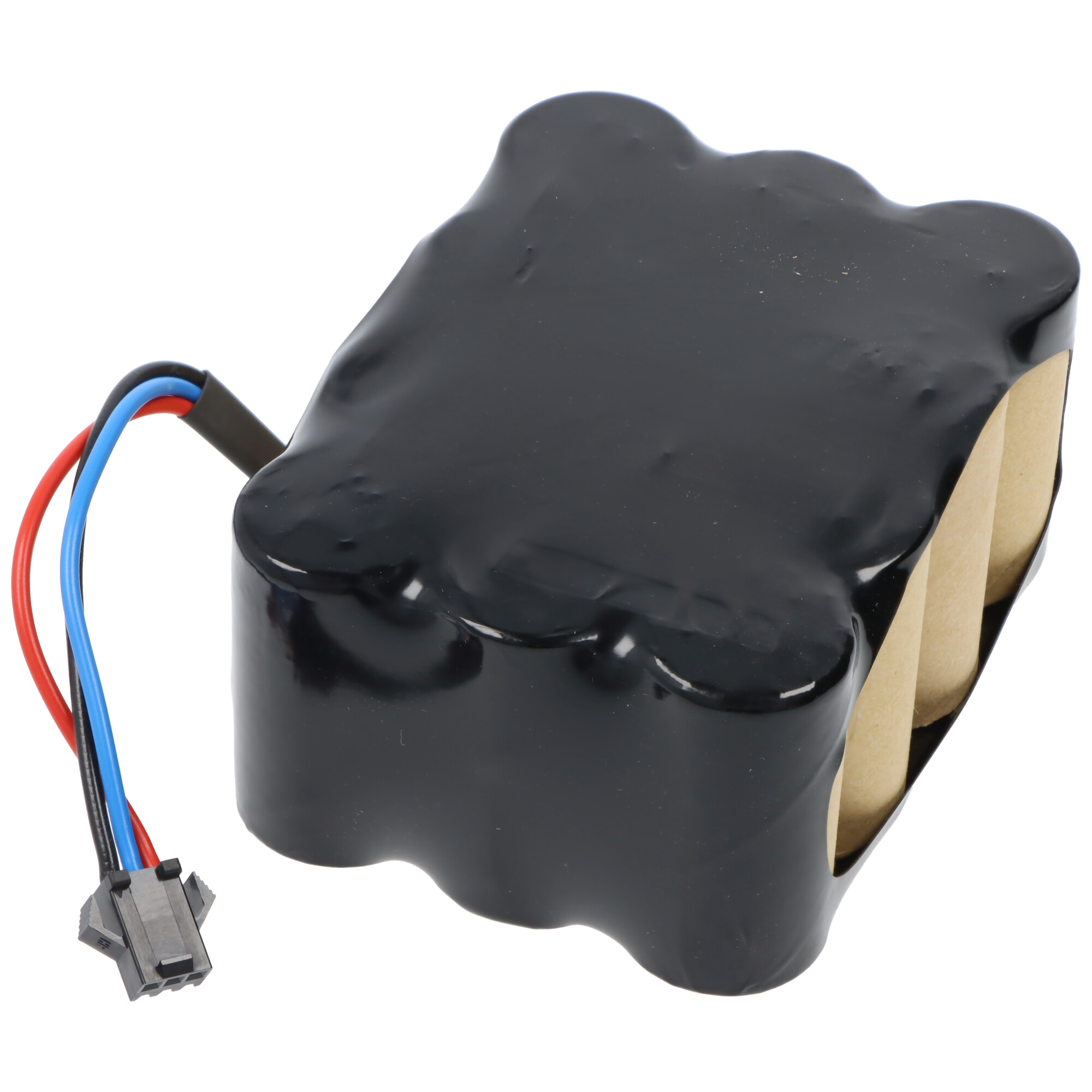 Schwarzer Akku mit roten, blauen und schwarzen Kabeln und einem Stecker.