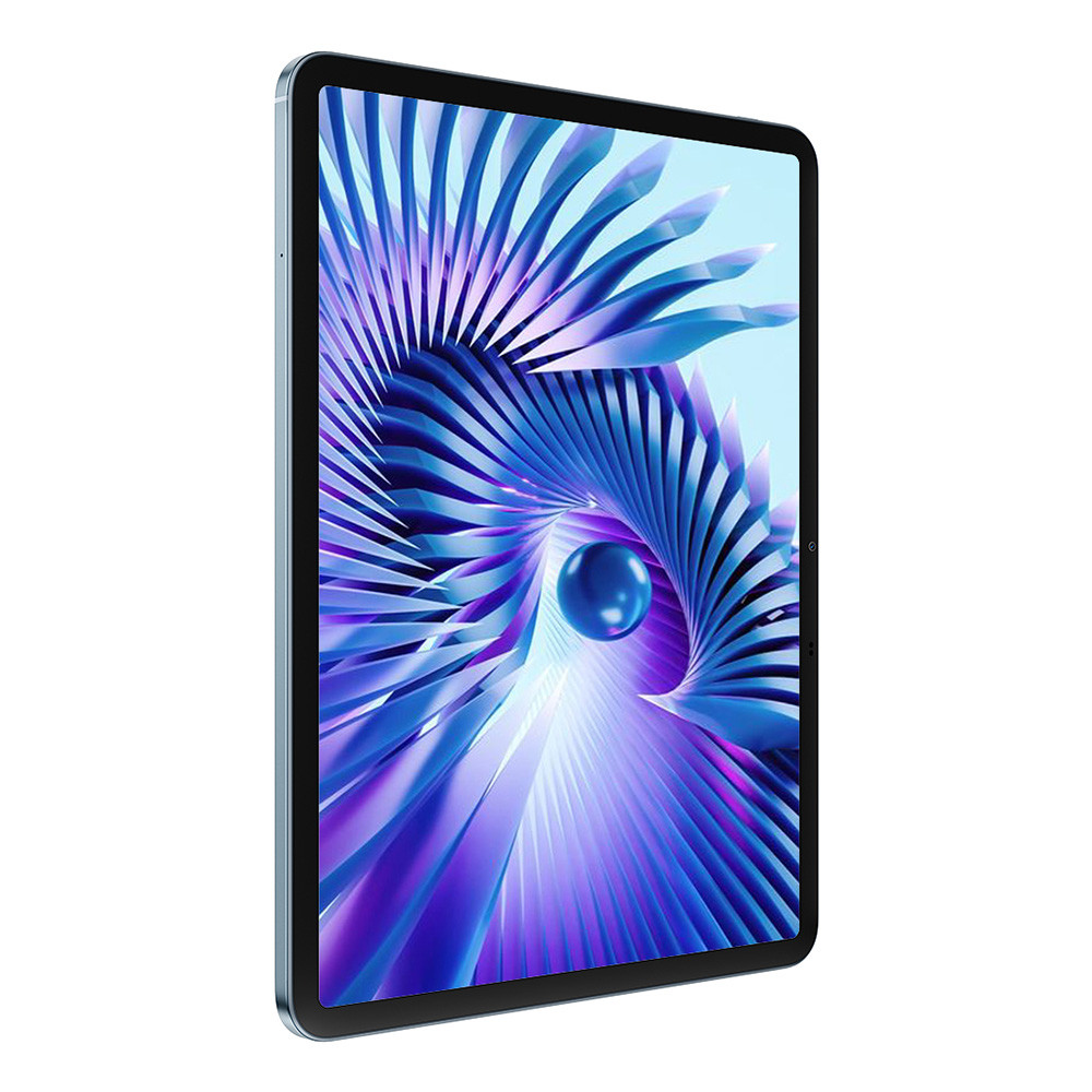 Ein Tablet mit einem wirbelnden blauen und violetten Muster und einer Kugel.