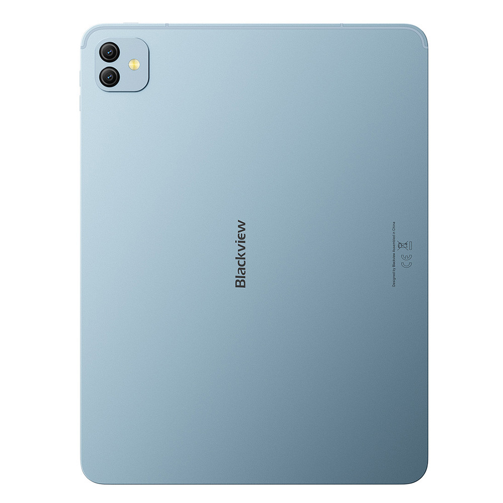 Rückseite eines blauen Tablets mit zwei Kameras und dem Blackview-Logo.