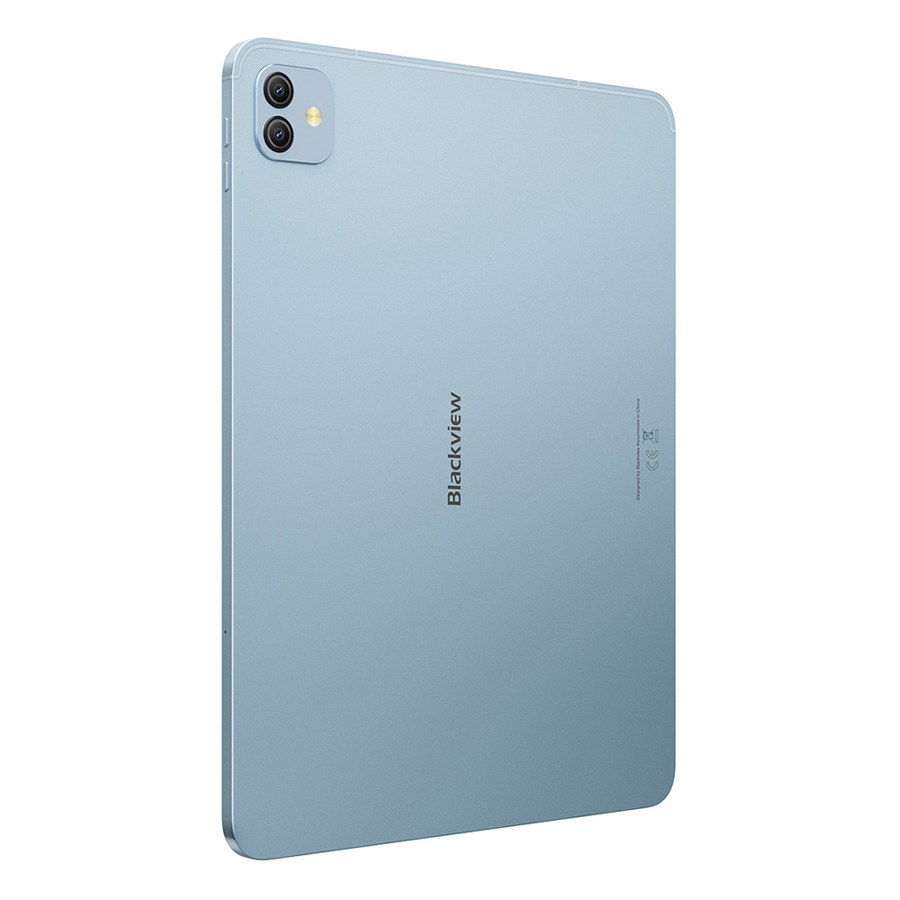 Rückseite eines hellblauen Tablets mit zwei Kameras und 