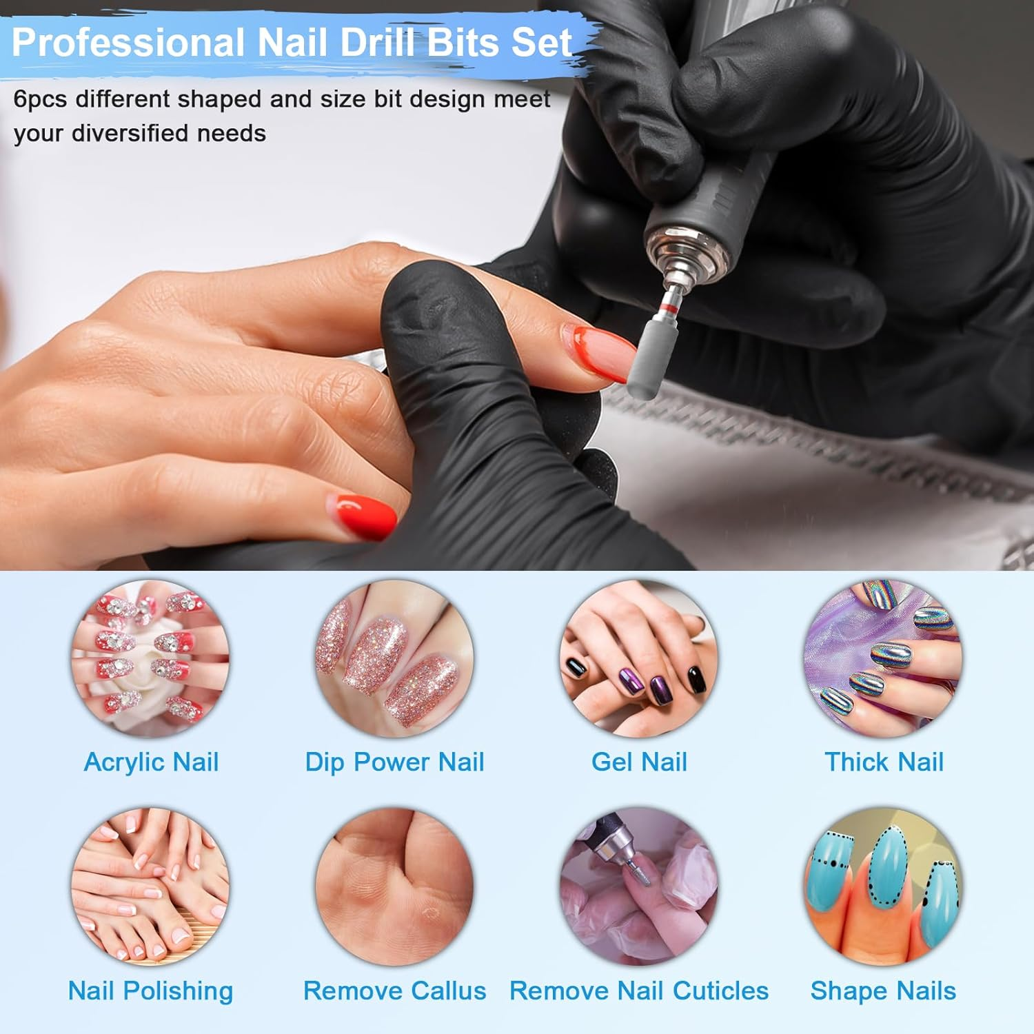 Nail-Profi-Bit-Set: Hände mit Nagellack, Werkzeug im Einsatz, 8 Nagelarten.