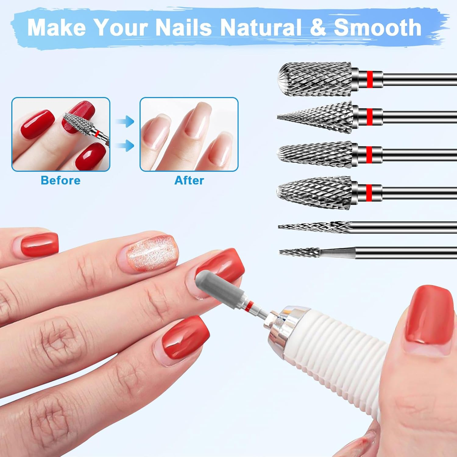 Vorher-Nachher-Bild von Nägeln mit Schleifaufsätzen für Nagelbohrer.