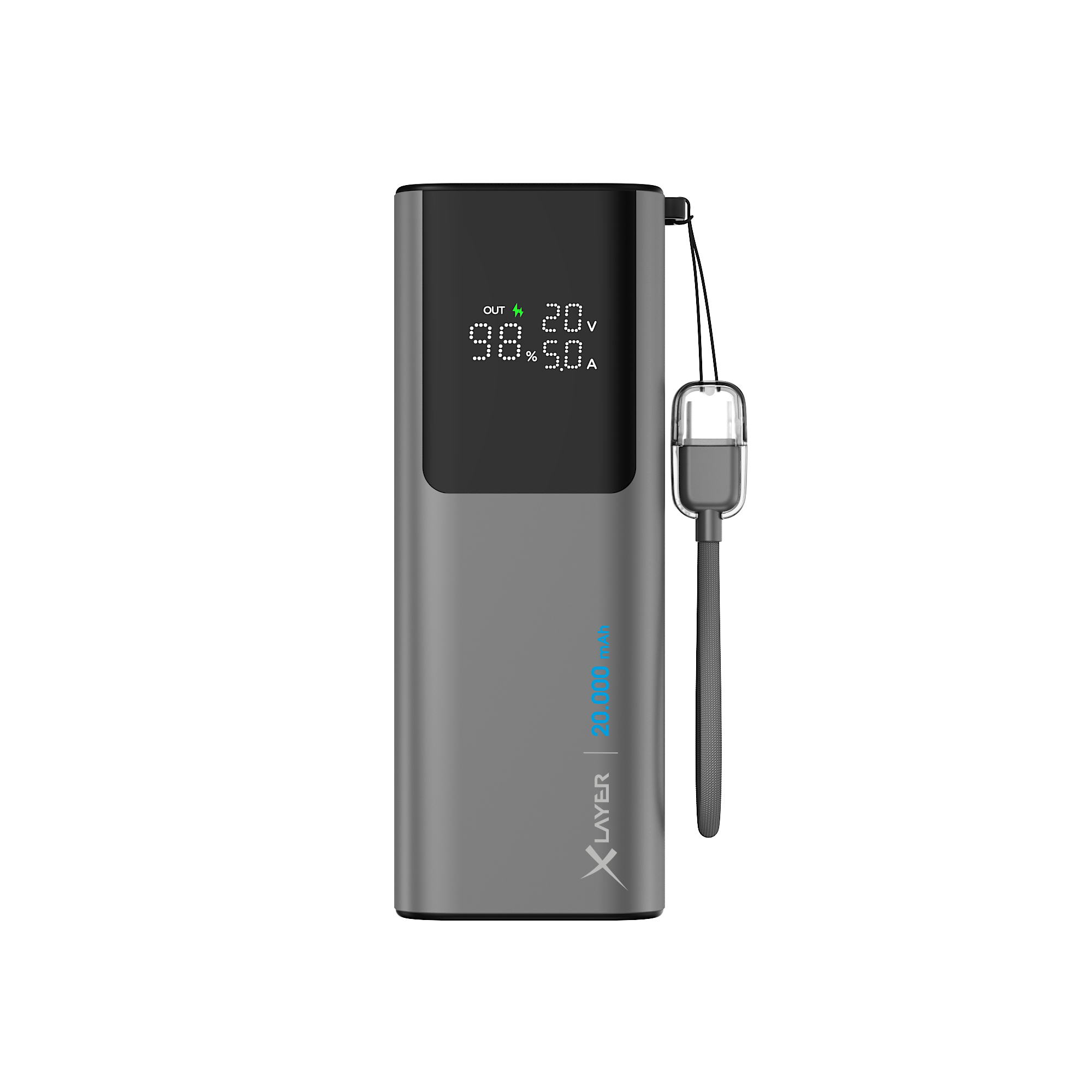 Grauer Powerbank mit Display zeigt 99% Akku, 20V, 5.0A. Blaue Schrift 20.000mAh.