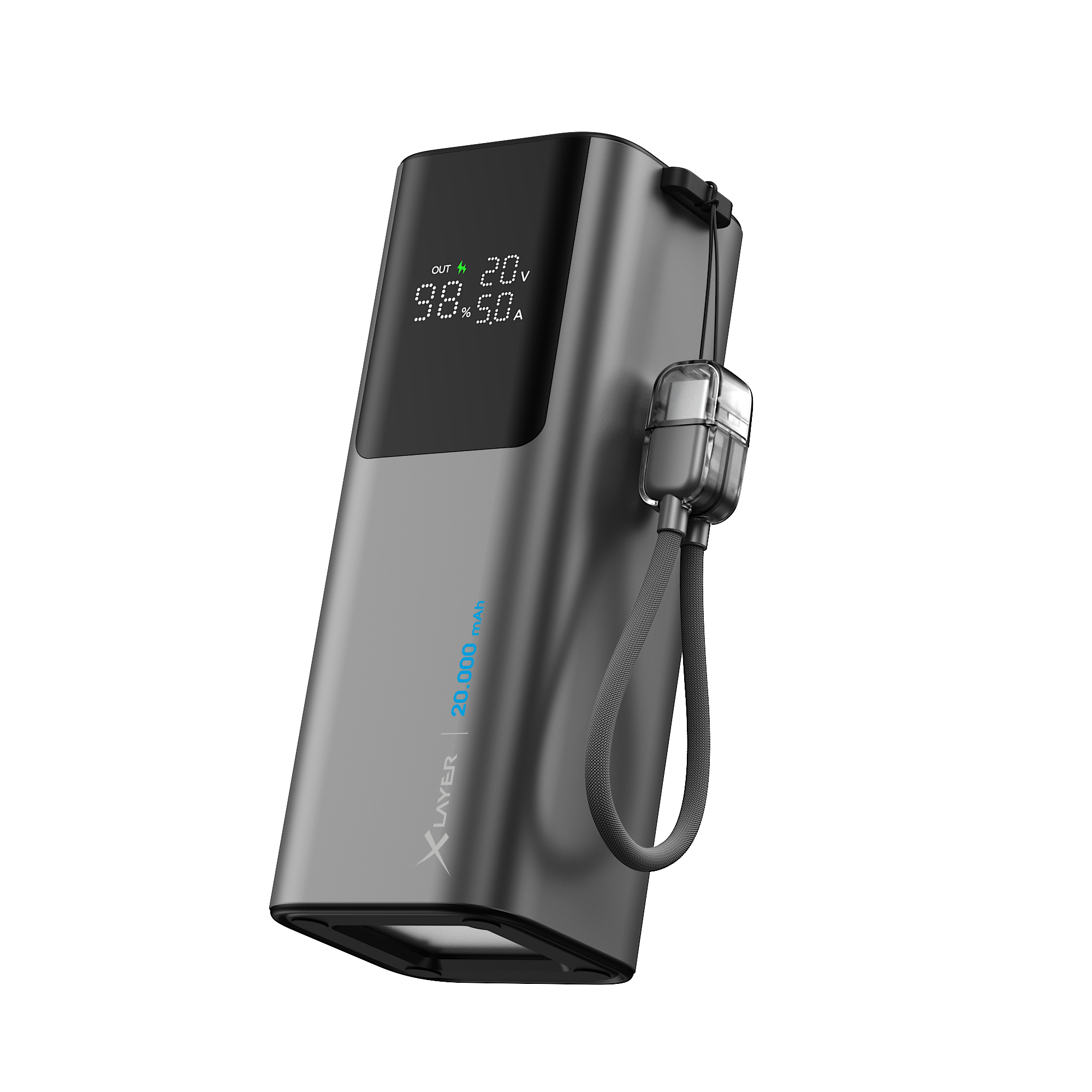 Grauer Powerbank mit digitaler Anzeige, die 98% Ladung und 20V/50A anzeigt.
