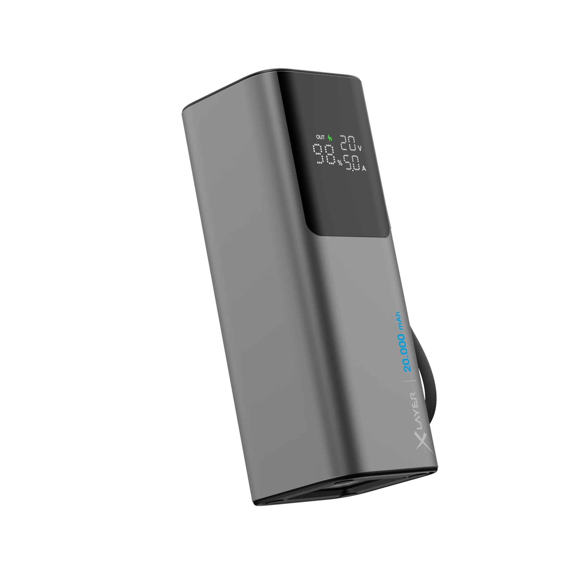 Grauer Powerbank mit digitaler Anzeige 20.000 mAh.