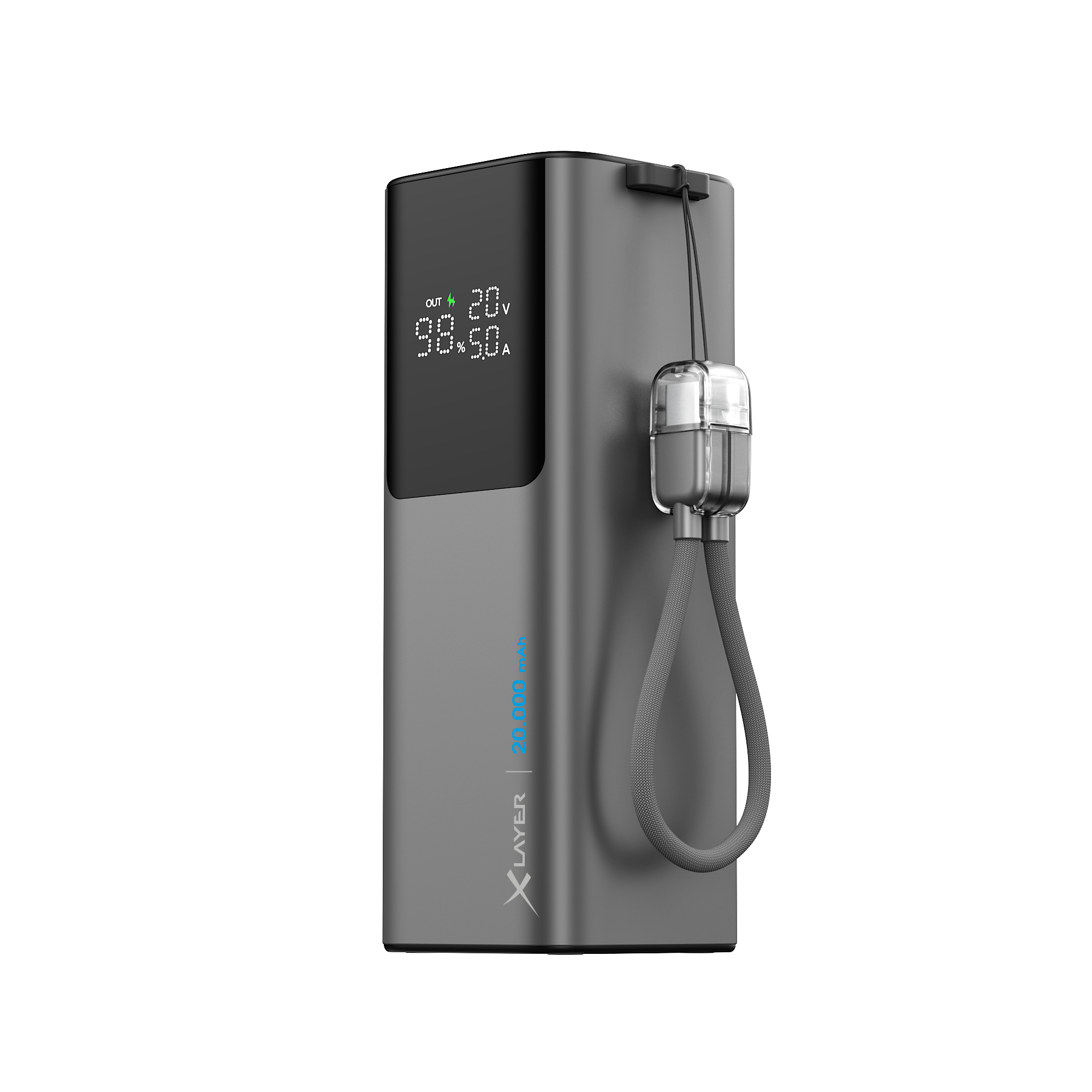 Graues Powerbank mit digitaler Anzeige, 20V, 98.5A, 20.000 mAh.