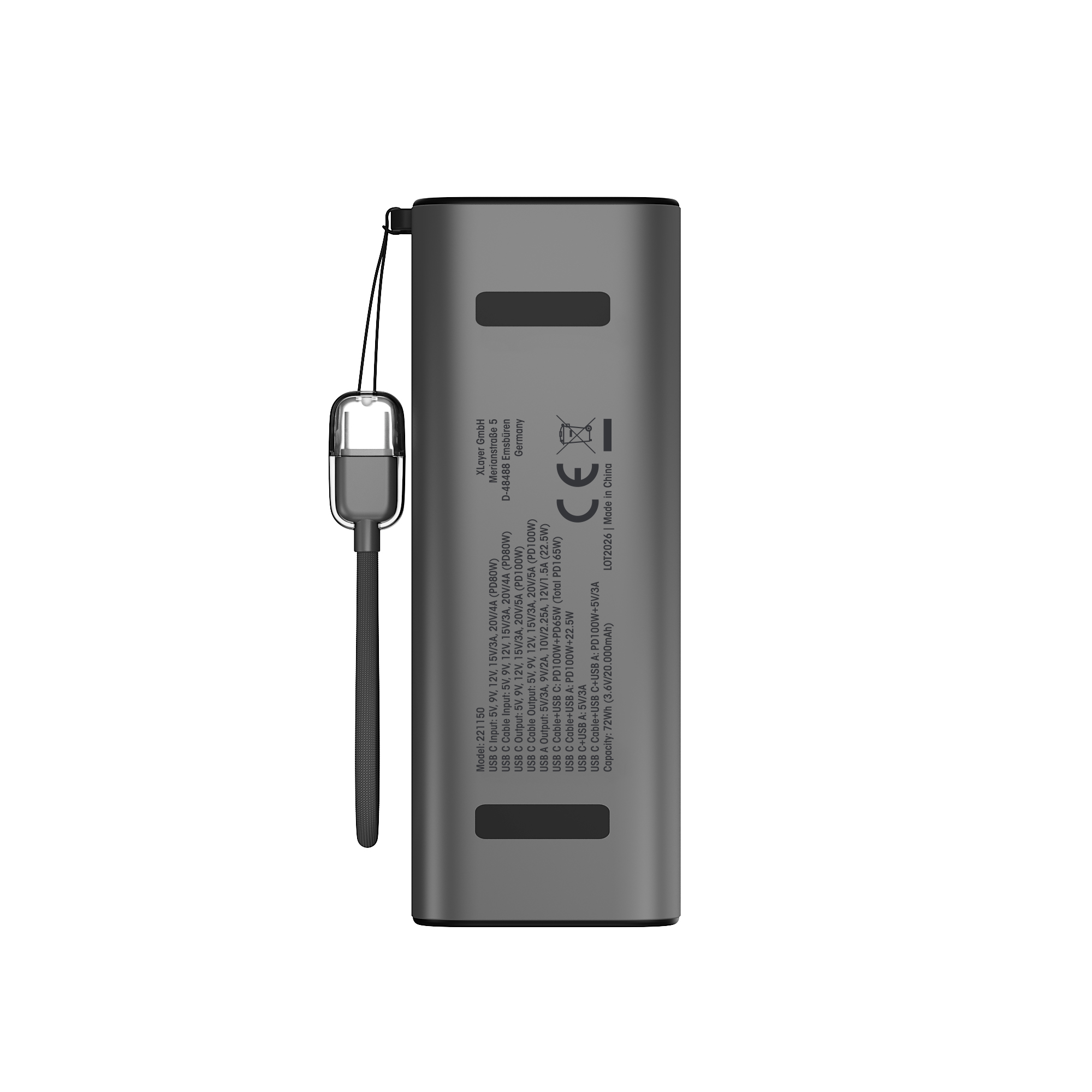 Grauer Powerbank mit USB-C-Kabel und detaillierter Beschriftung.